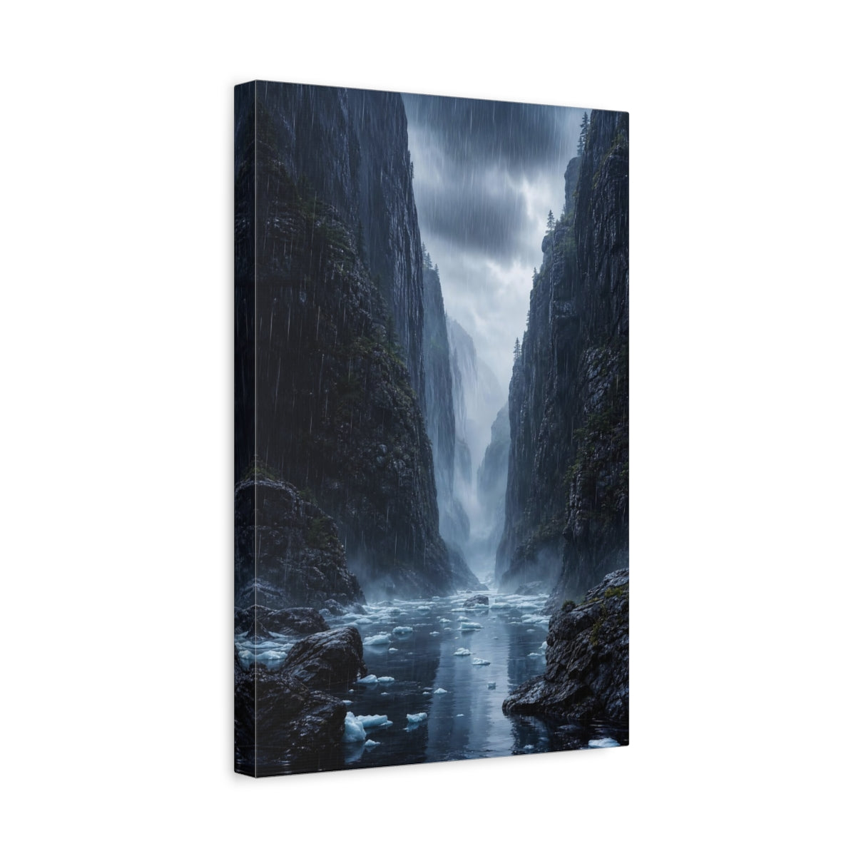 Side Mockup 4. Nature Mountain Fjord Rainy Mountain Fjord shown as stretched canvas wall art