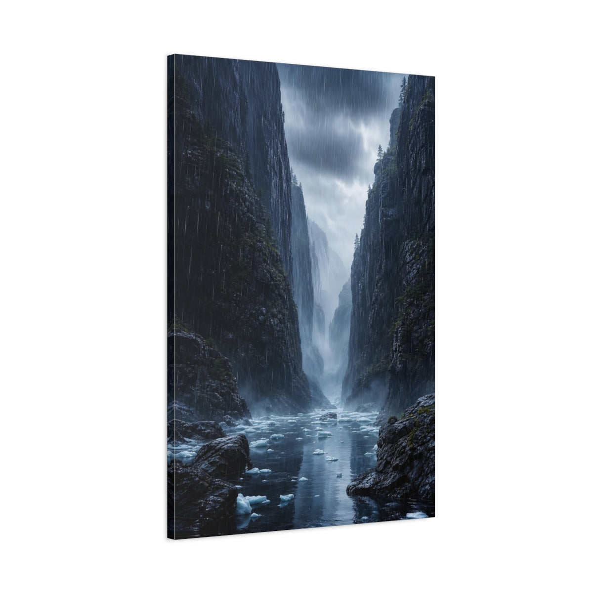 Main Mockup. Nature Mountain Fjord Rainy Mountain Fjord shown as stretched canvas wall art