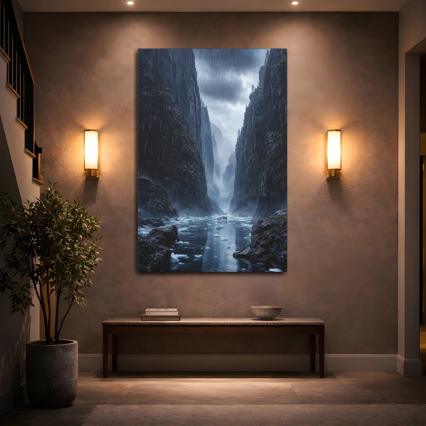 Mockup 2. Nature Mountain Fjord Rainy Mountain Fjord shown as stretched canvas wall art