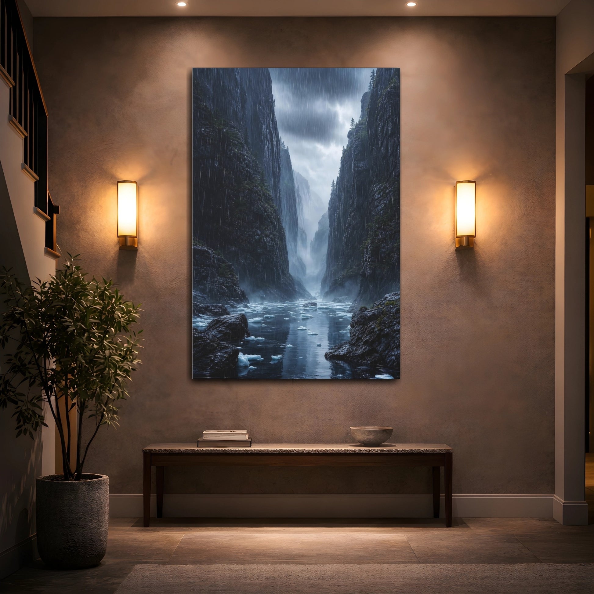 Mockup 2. Nature Mountain Fjord Rainy Mountain Fjord shown as stretched canvas wall art