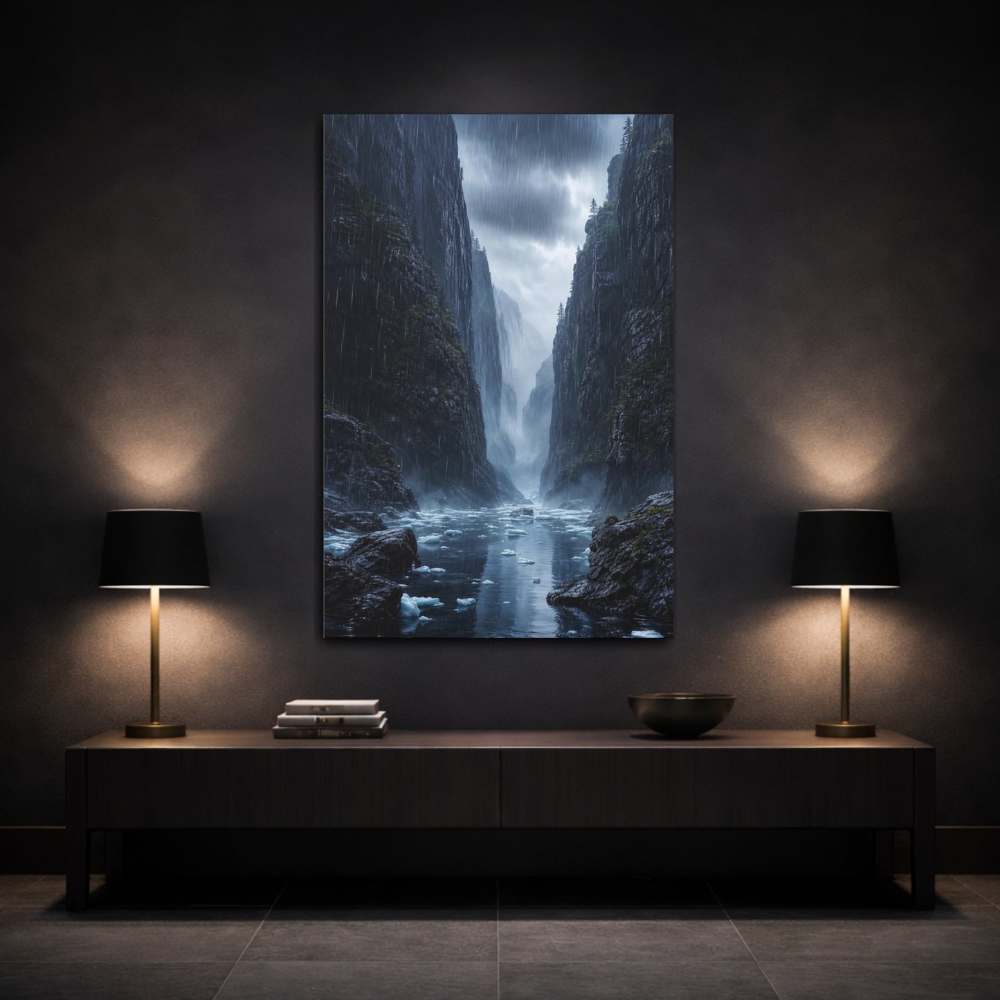 Mockup 3. Nature Mountain Fjord Rainy Mountain Fjord shown as stretched canvas wall art