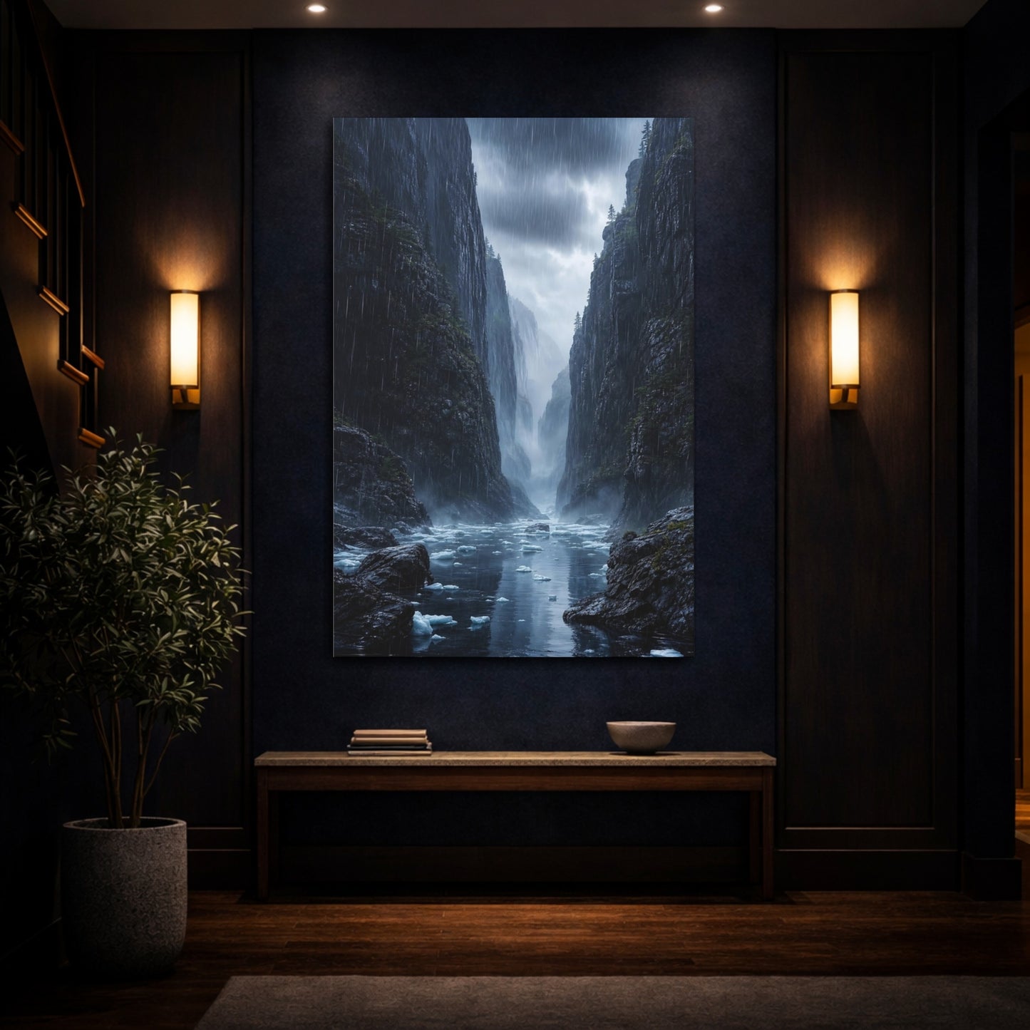 Mockup 4. Nature Mountain Fjord Rainy Mountain Fjord shown as stretched canvas wall art
