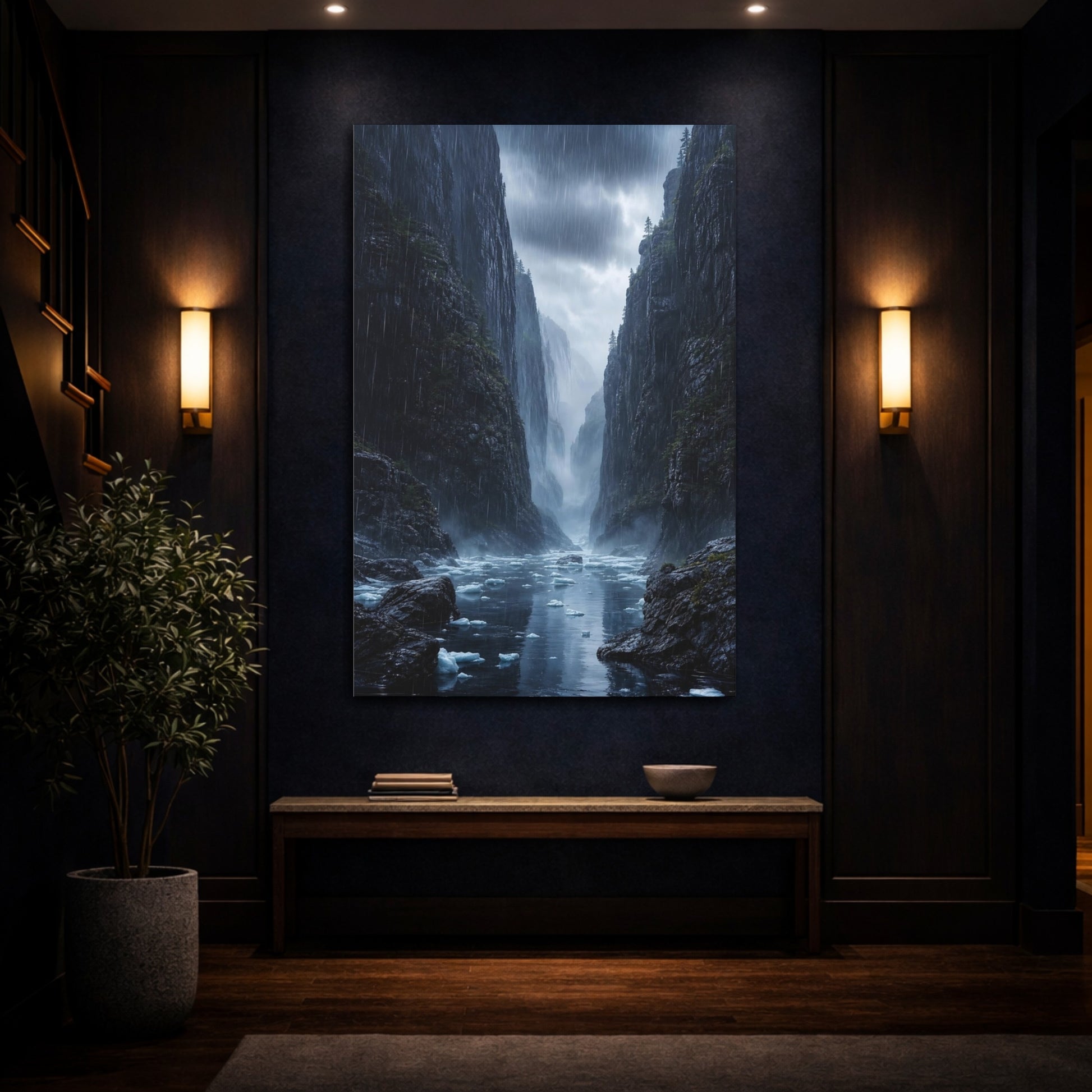 Mockup 4. Nature Mountain Fjord Rainy Mountain Fjord shown as stretched canvas wall art