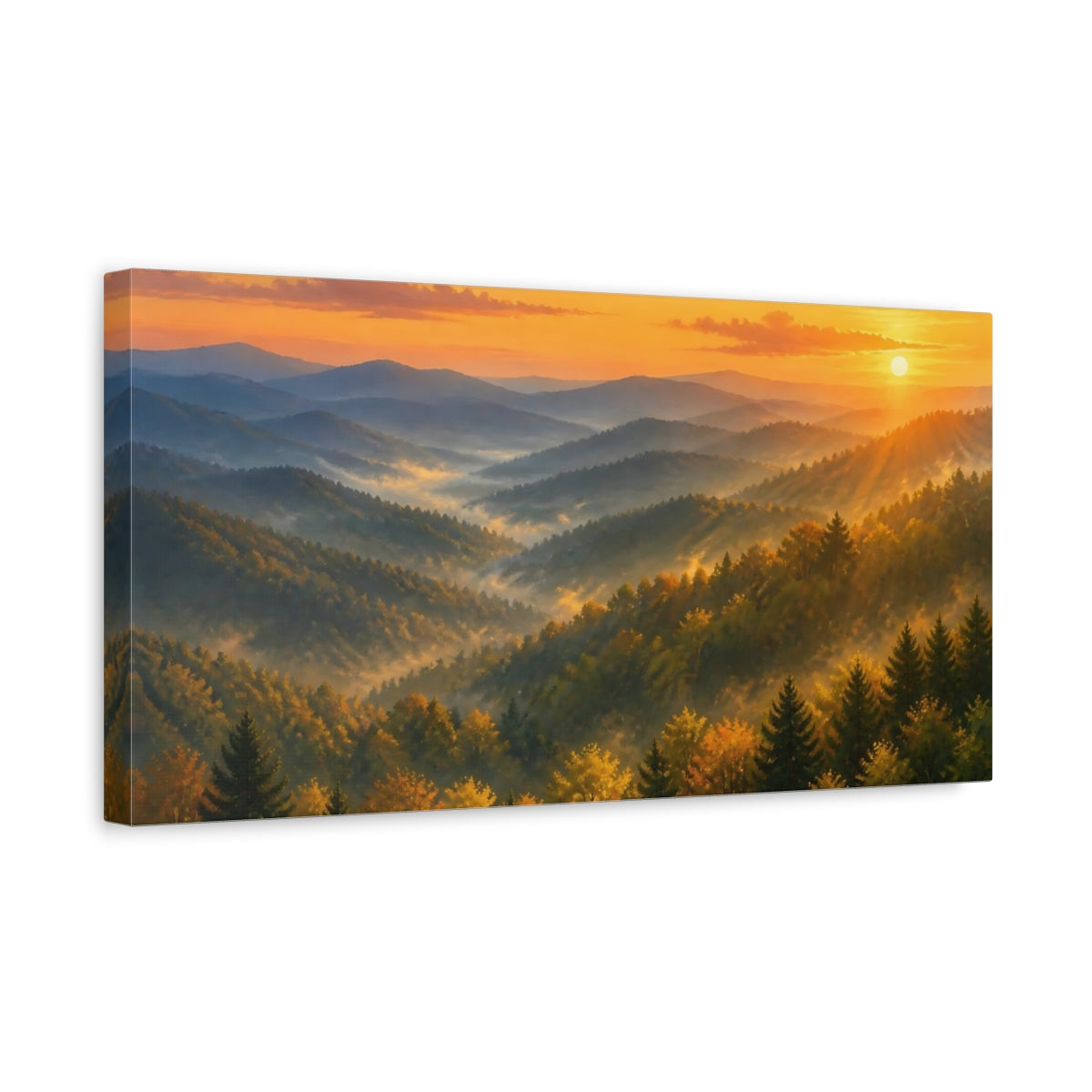 Side Mockup 3. Nature Mountain Forest Golden Sunrise shown as stretched canvas wall art