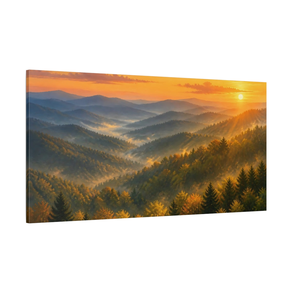 Side Mockup 2. Nature Mountain Forest Golden Sunrise shown as stretched canvas wall art