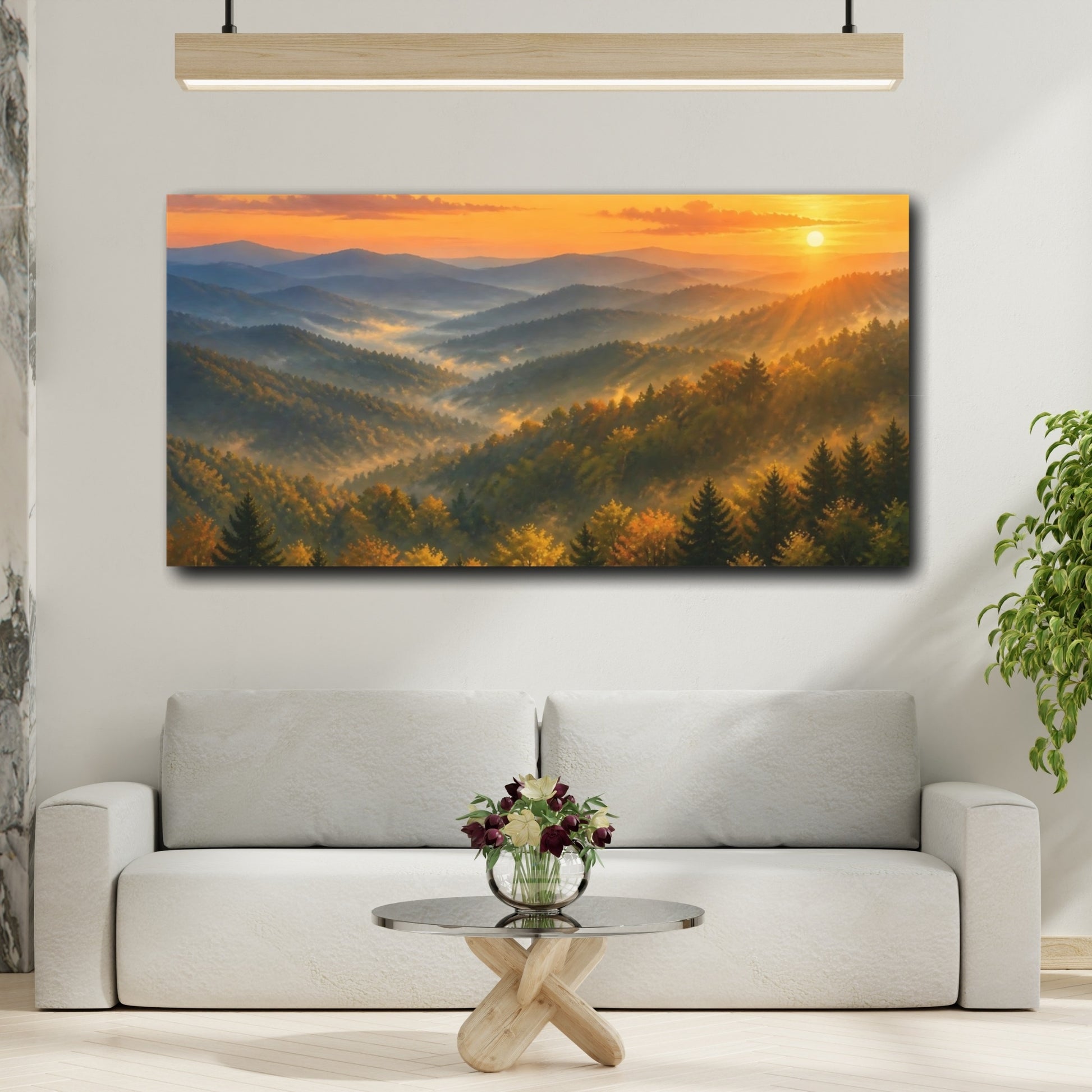 Mockup 2. Nature Mountain Forest Golden Sunrise shown as stretched canvas wall art