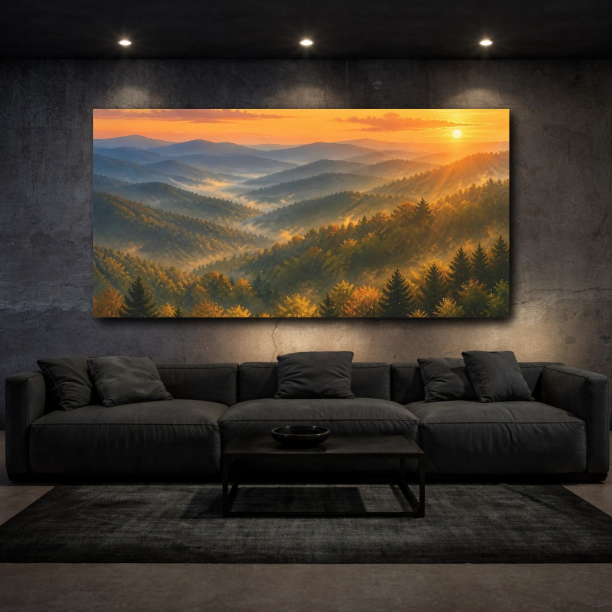 Mockup 3. Nature Mountain Forest Golden Sunrise shown as stretched canvas wall art
