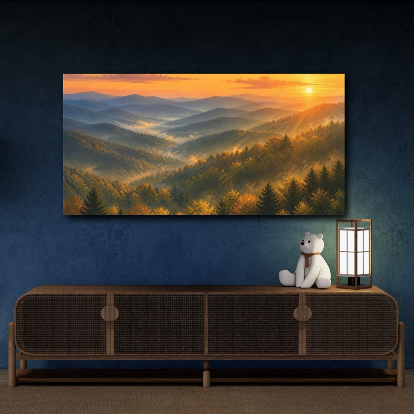 Mockup 4. Nature Mountain Forest Golden Sunrise shown as stretched canvas wall art