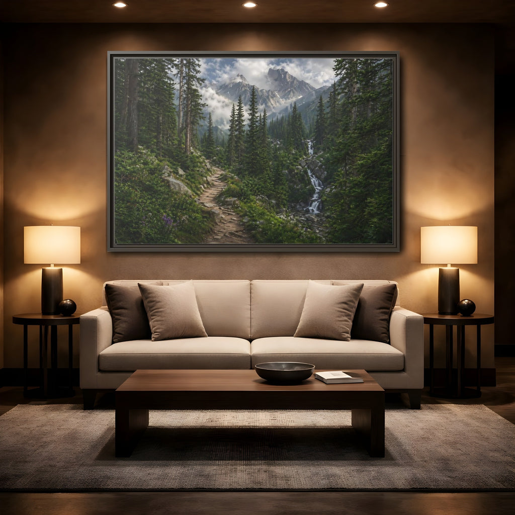 Mockup 2. Nature Mountain Forest Green Mountain Landscape shown as stretched canvas wall art