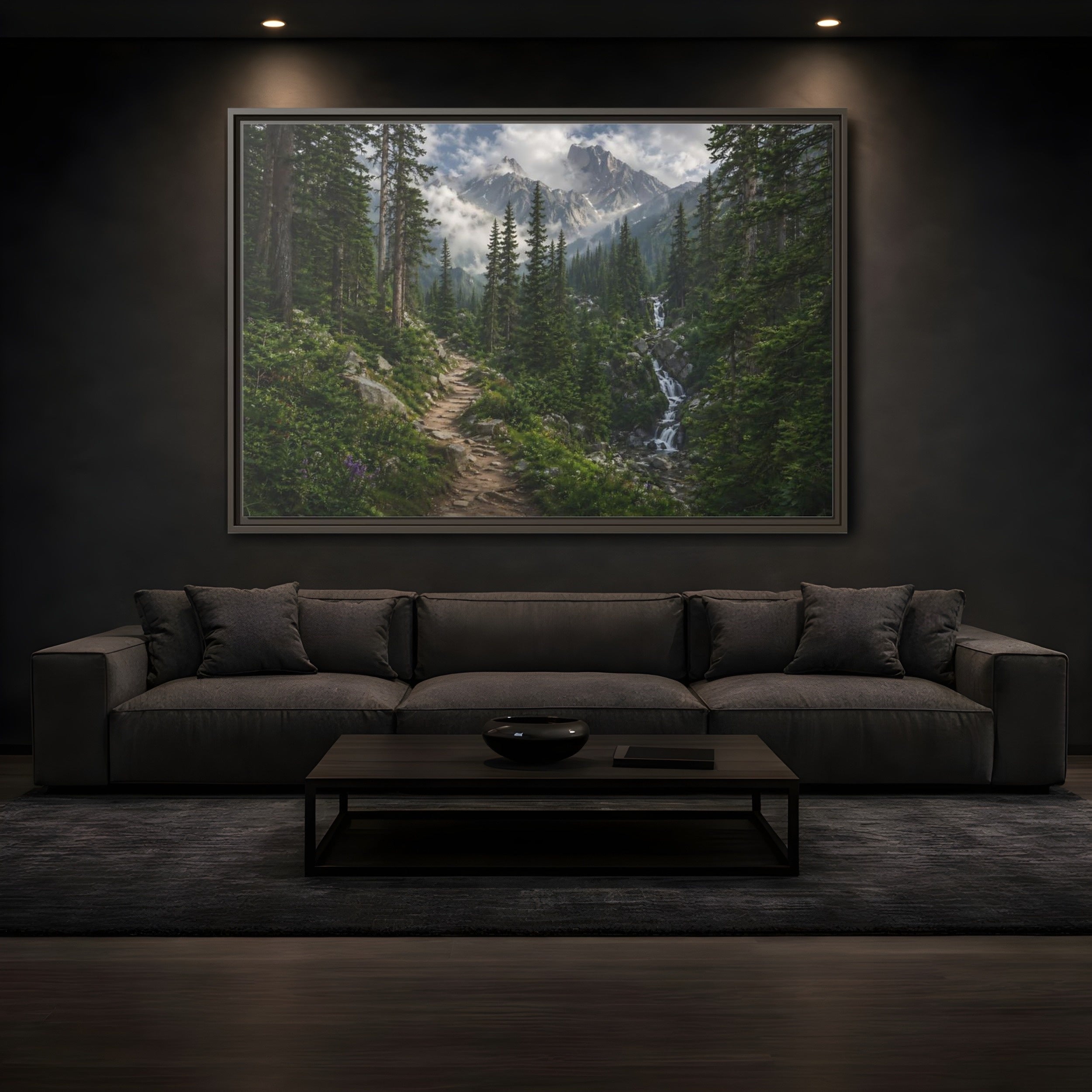 Mockup 3. Nature Mountain Forest Green Mountain Landscape shown as stretched canvas wall art