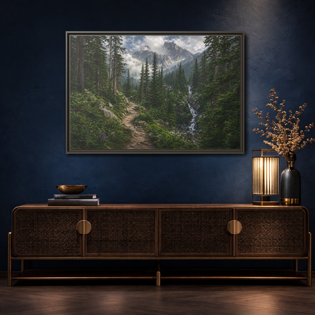 Mockup 4. Nature Mountain Forest Green Mountain Landscape shown as stretched canvas wall art