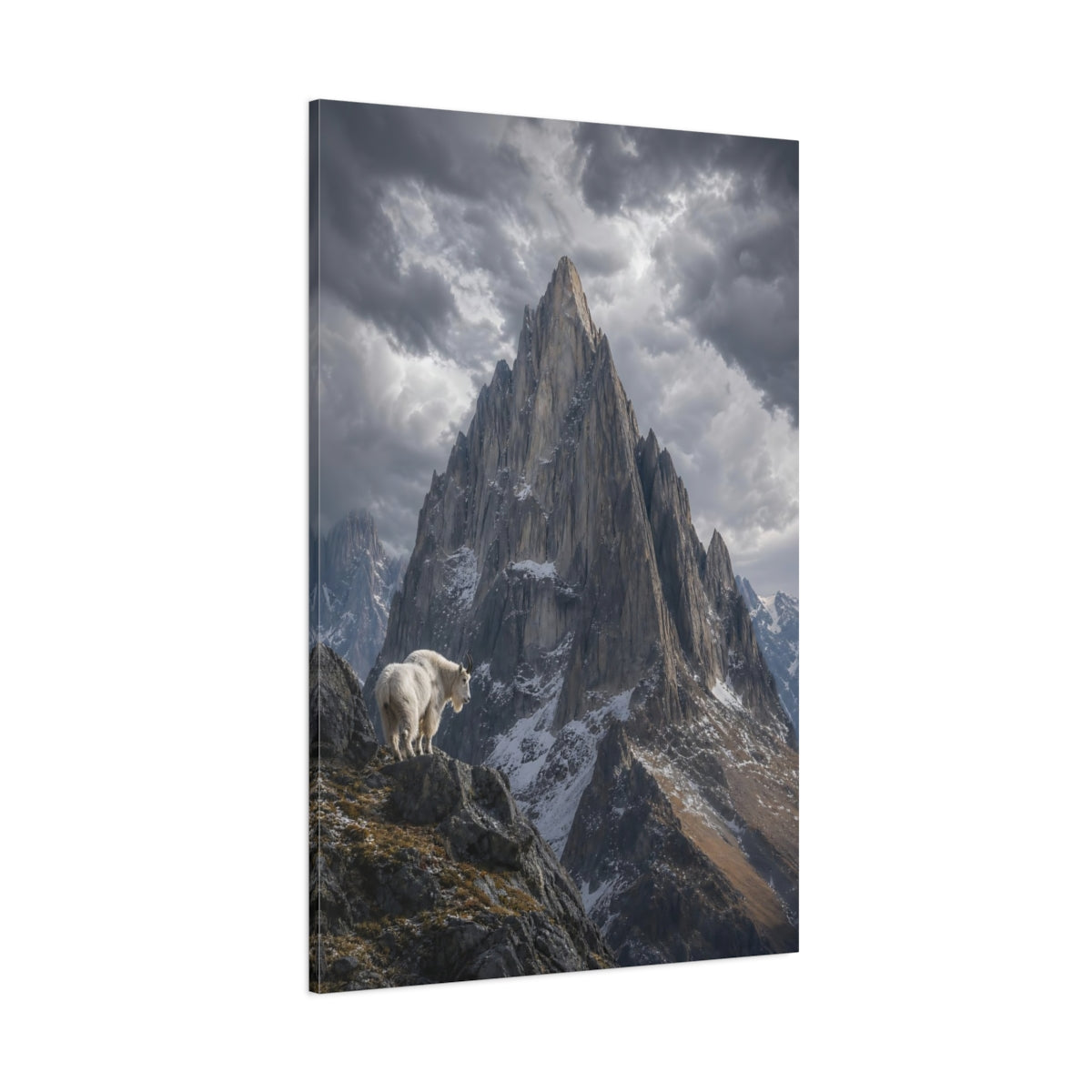 Side Mockup 1. Nature Mountain Goat Grey Mountain Goat shown as stretched canvas wall art