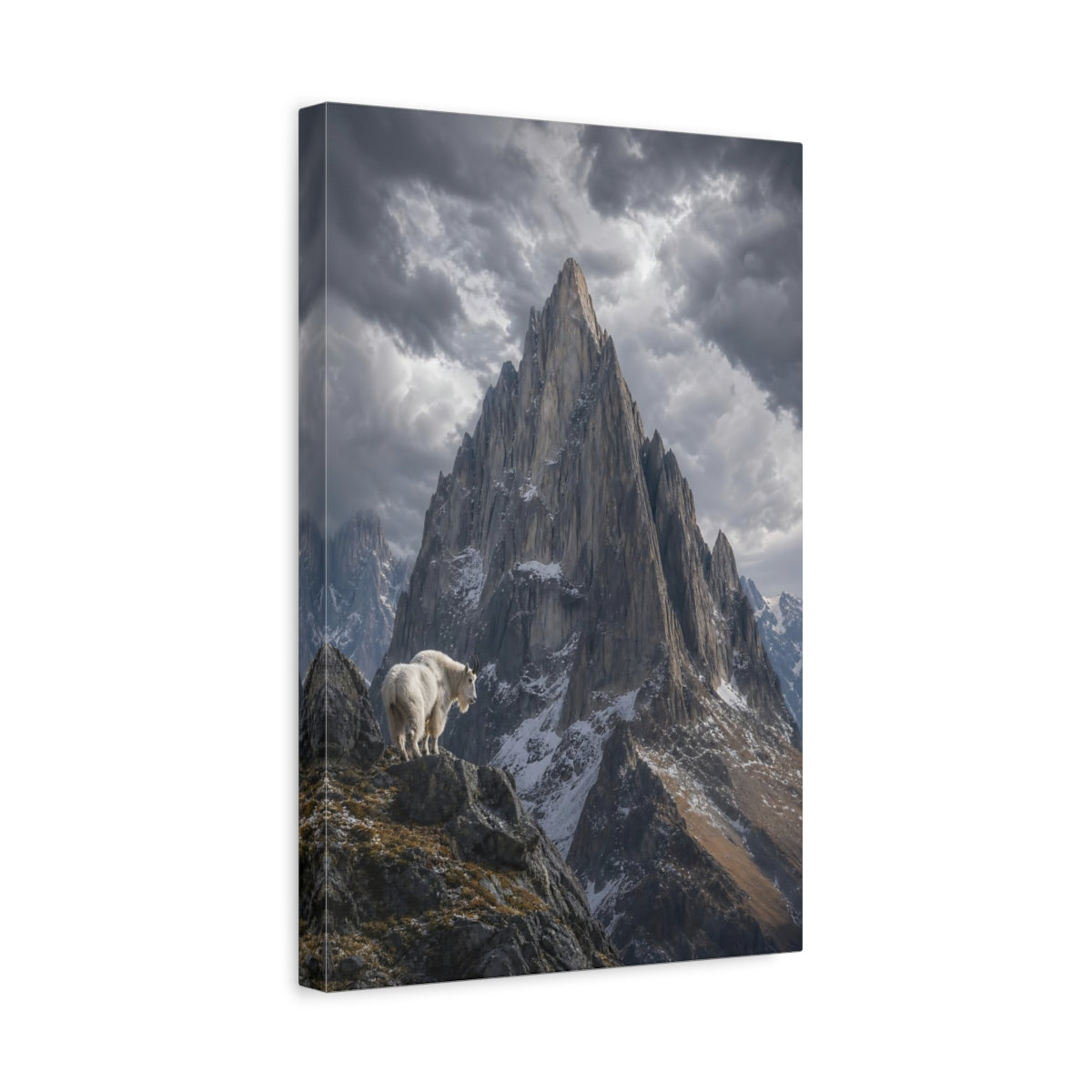 Side Mockup 4. Nature Mountain Goat Grey Mountain Goat shown as stretched canvas wall art
