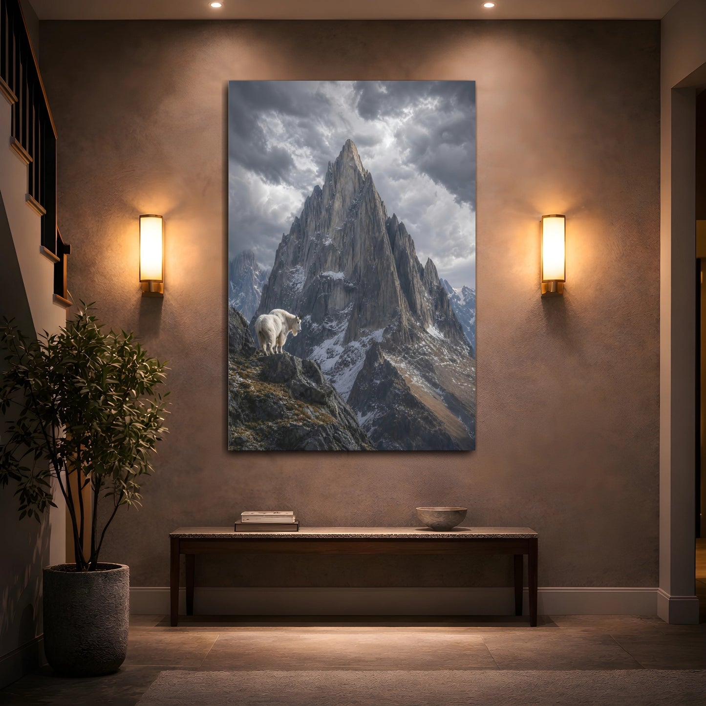 Mockup 2. Nature Mountain Goat Grey Mountain Goat shown as stretched canvas wall art