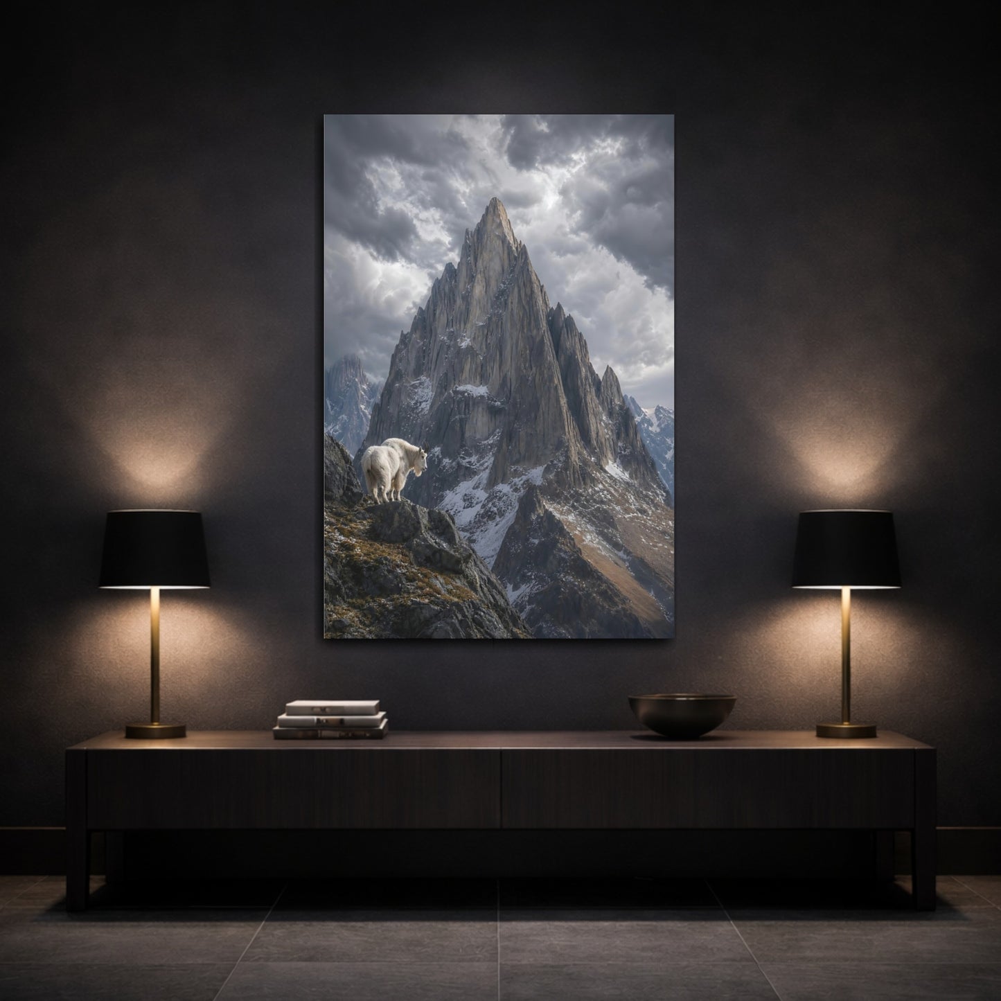 Mockup 3. Nature Mountain Goat Grey Mountain Goat shown as stretched canvas wall art