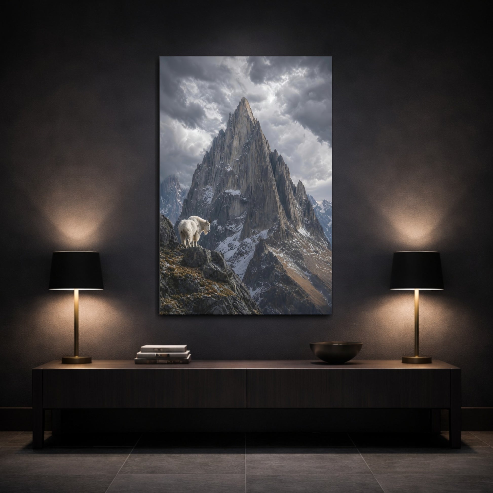 Mockup 3. Nature Mountain Goat Grey Mountain Goat shown as stretched canvas wall art