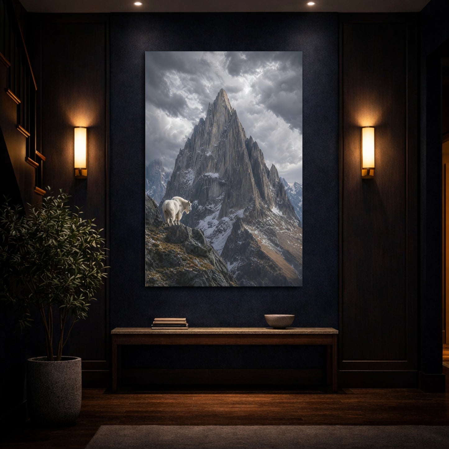Mockup 4. Nature Mountain Goat Grey Mountain Goat shown as stretched canvas wall art
