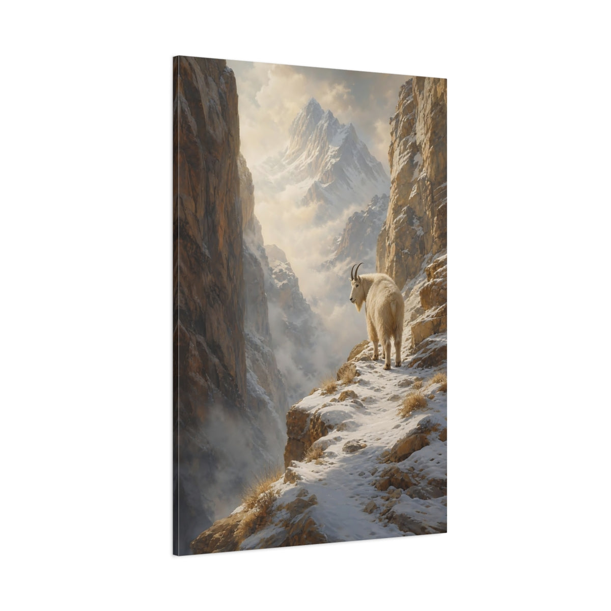 Side Mockup 1. Nature Mountain Goat Snowy Mountain Goat shown as stretched canvas wall art