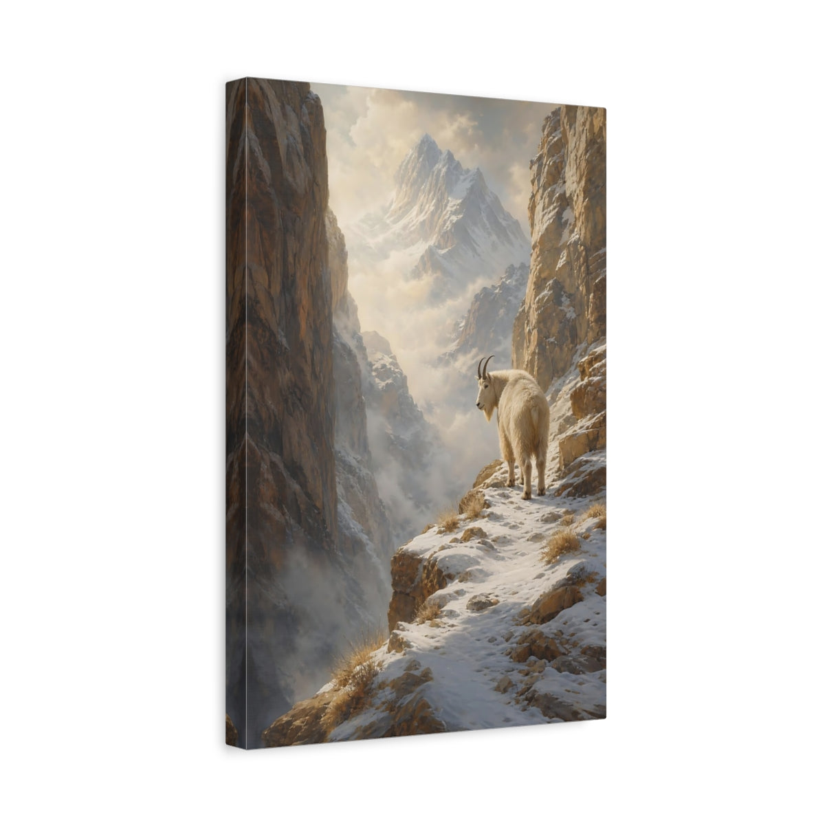 Side Mockup 4. Nature Mountain Goat Snowy Mountain Goat shown as stretched canvas wall art
