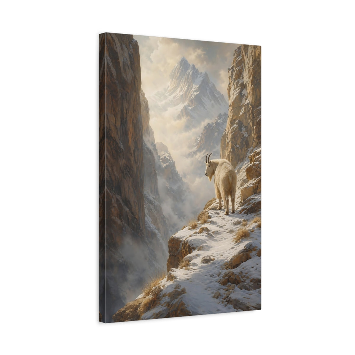 Side Mockup 3. Nature Mountain Goat Snowy Mountain Goat shown as stretched canvas wall art