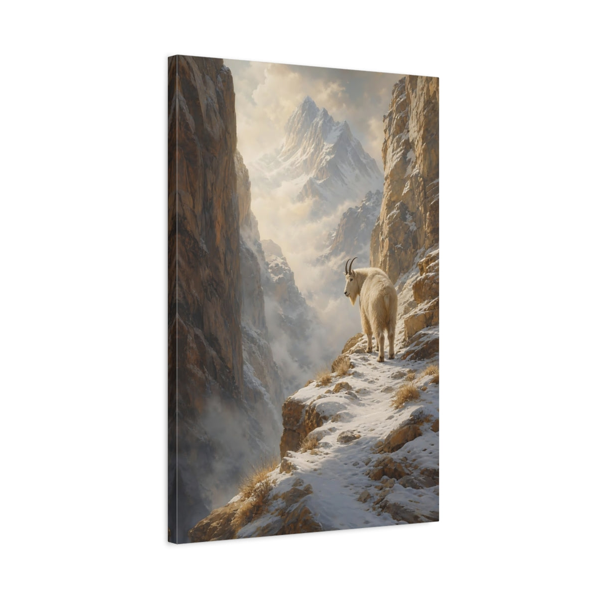 Side Mockup 2. Nature Mountain Goat Snowy Mountain Goat shown as stretched canvas wall art