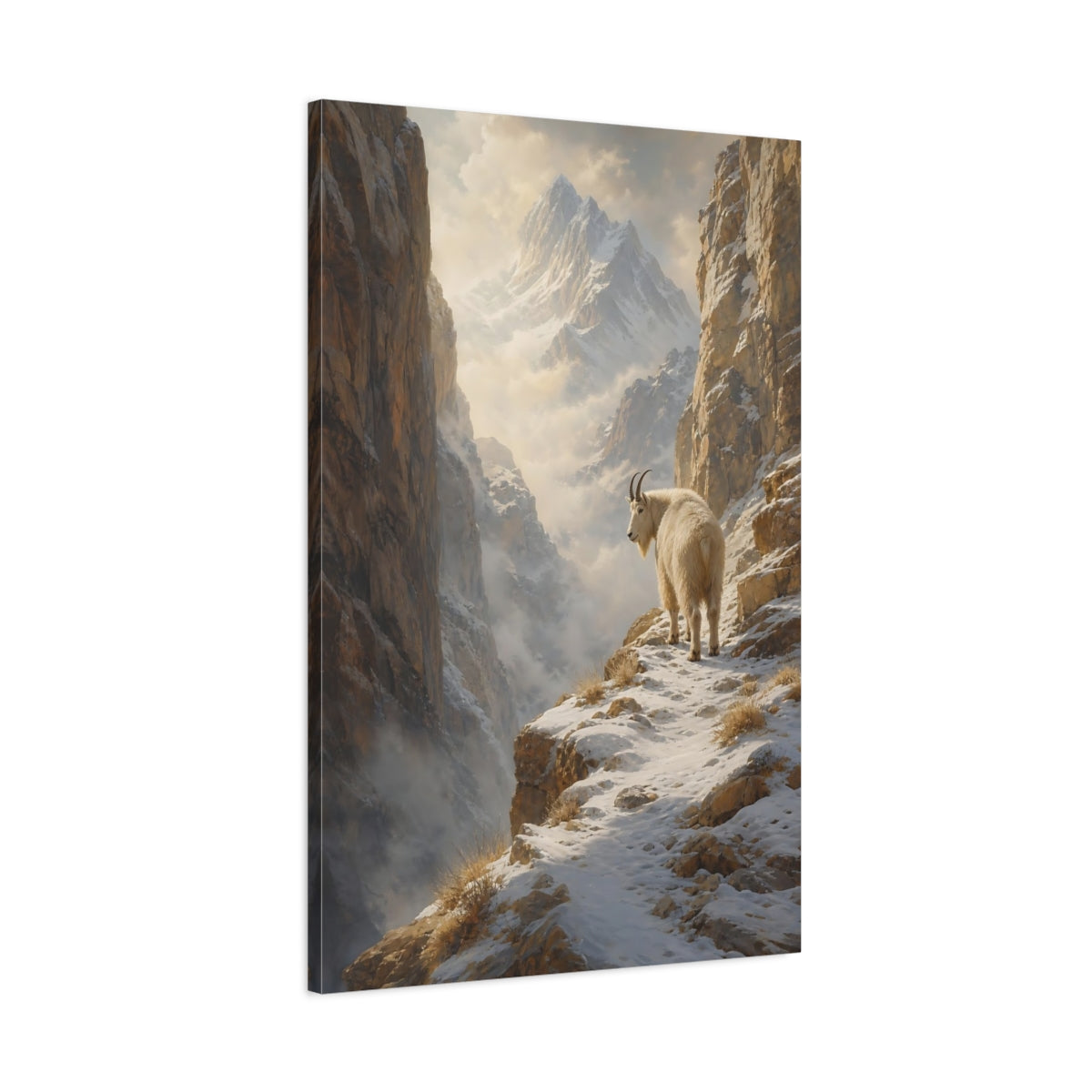 Main Mockup. Nature Mountain Goat Snowy Mountain Goat shown as stretched canvas wall art