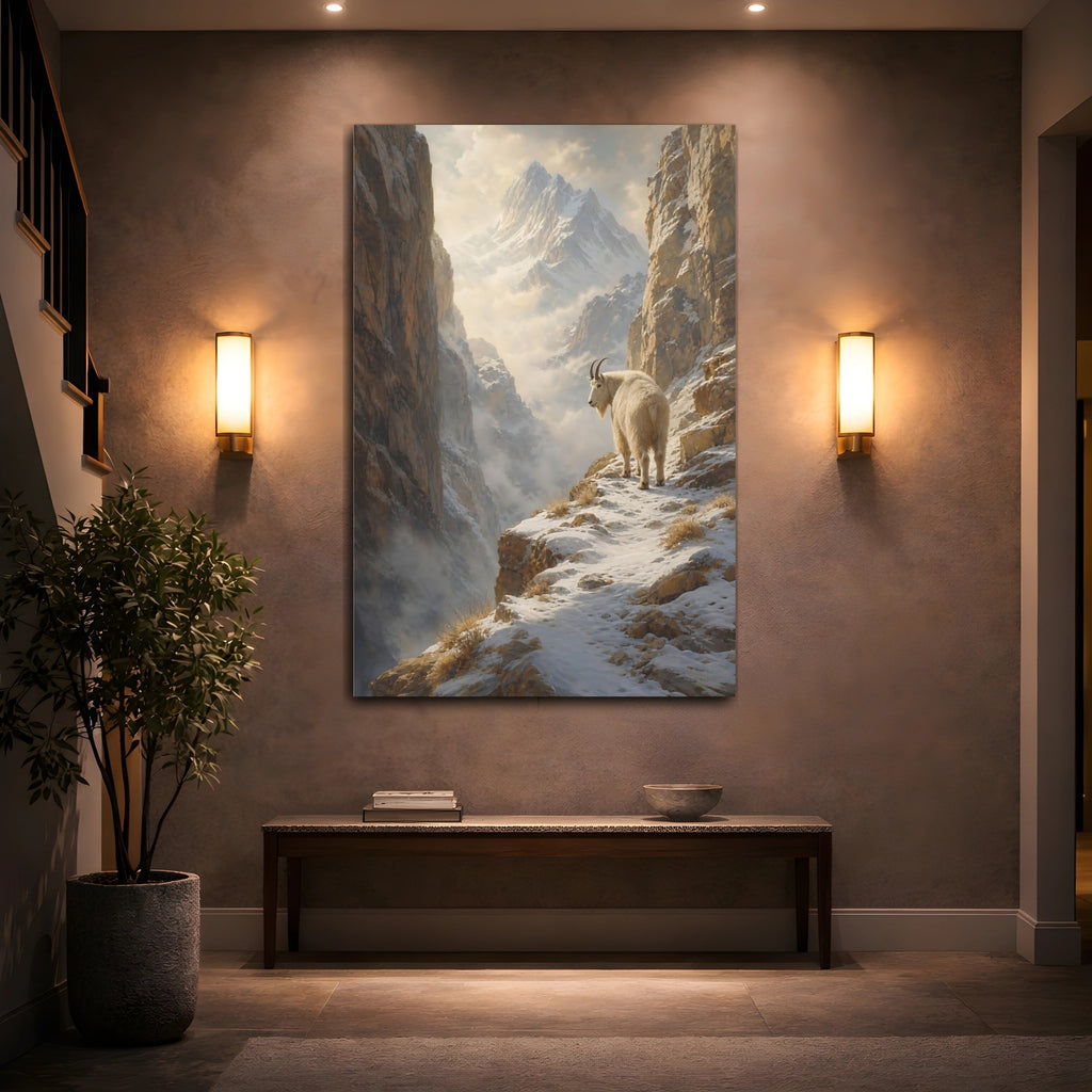 Mockup 2. Nature Mountain Goat Snowy Mountain Goat shown as stretched canvas wall art