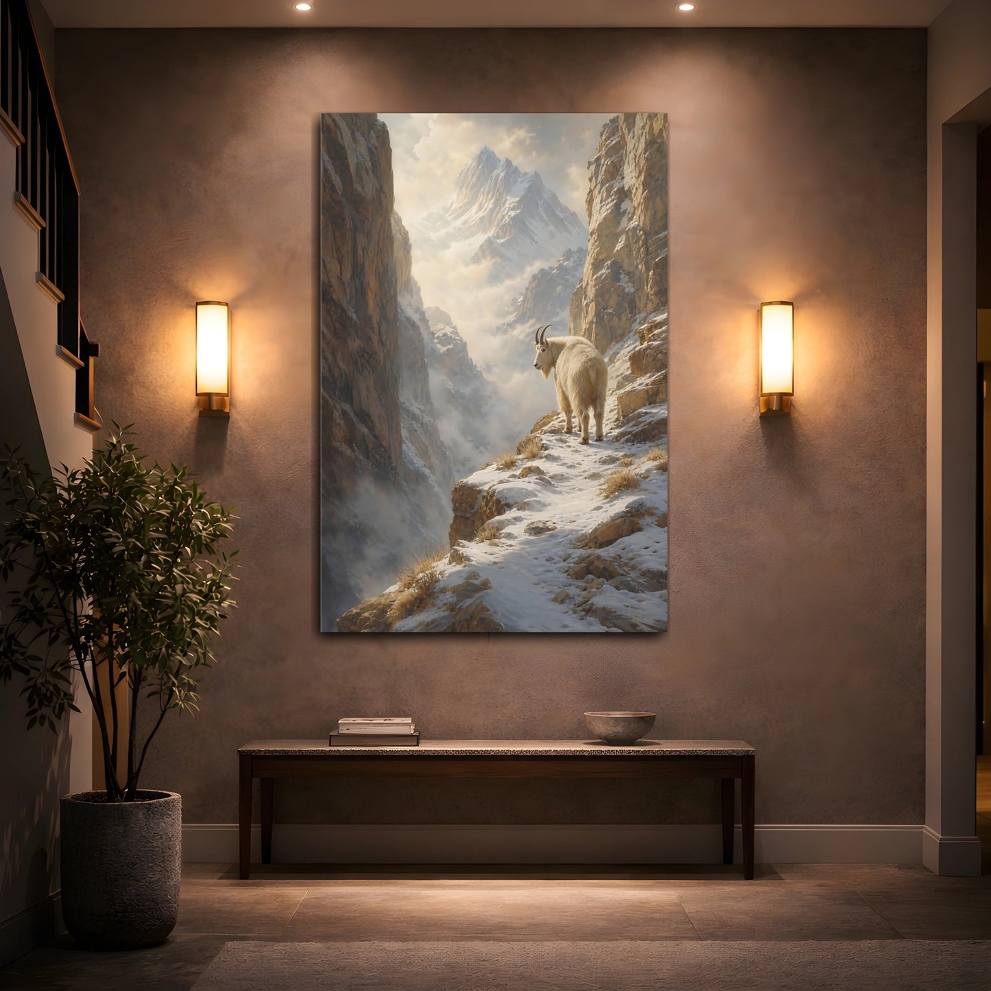 Mockup 2. Nature Mountain Goat Snowy Mountain Goat shown as stretched canvas wall art