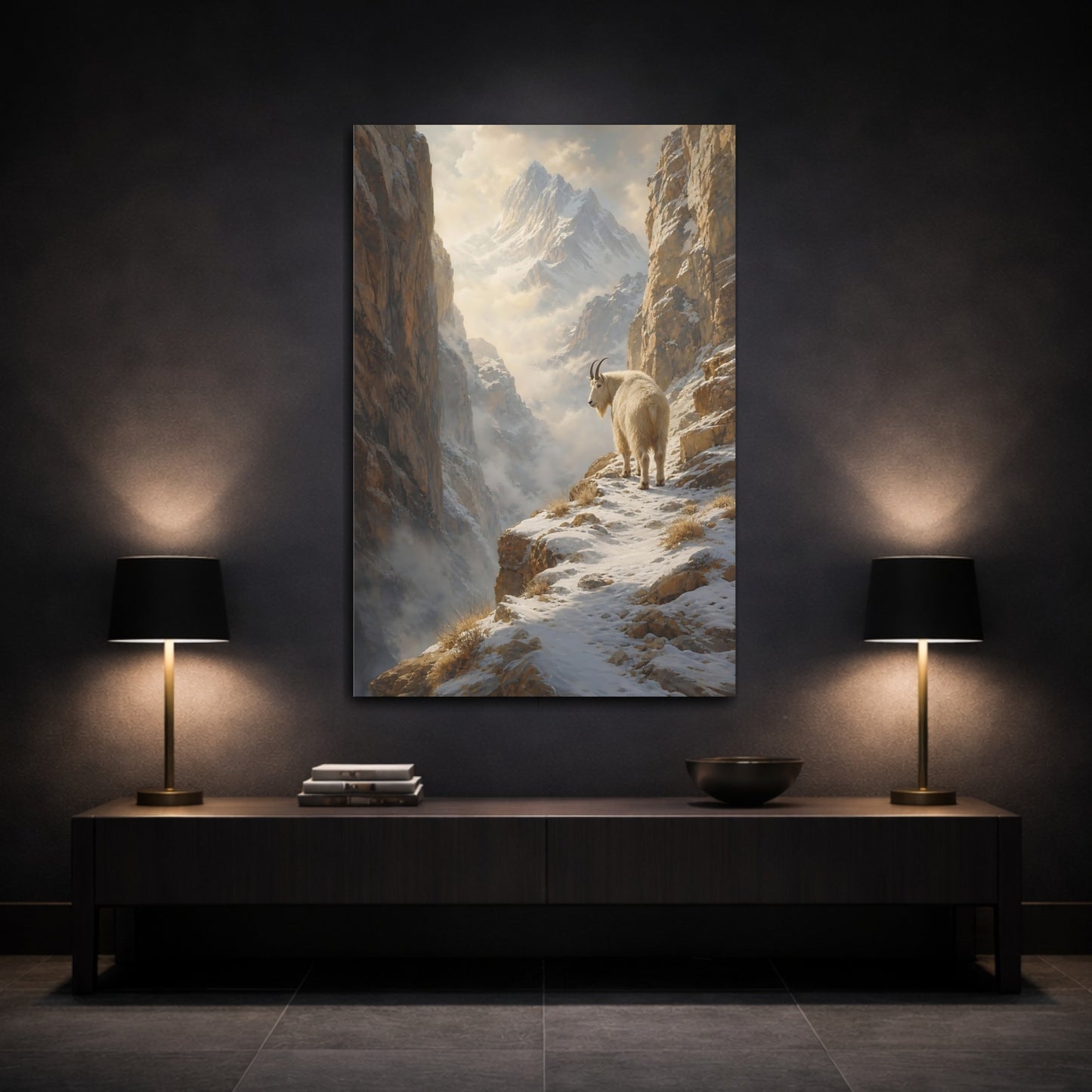 Mockup 3. Nature Mountain Goat Snowy Mountain Goat shown as stretched canvas wall art