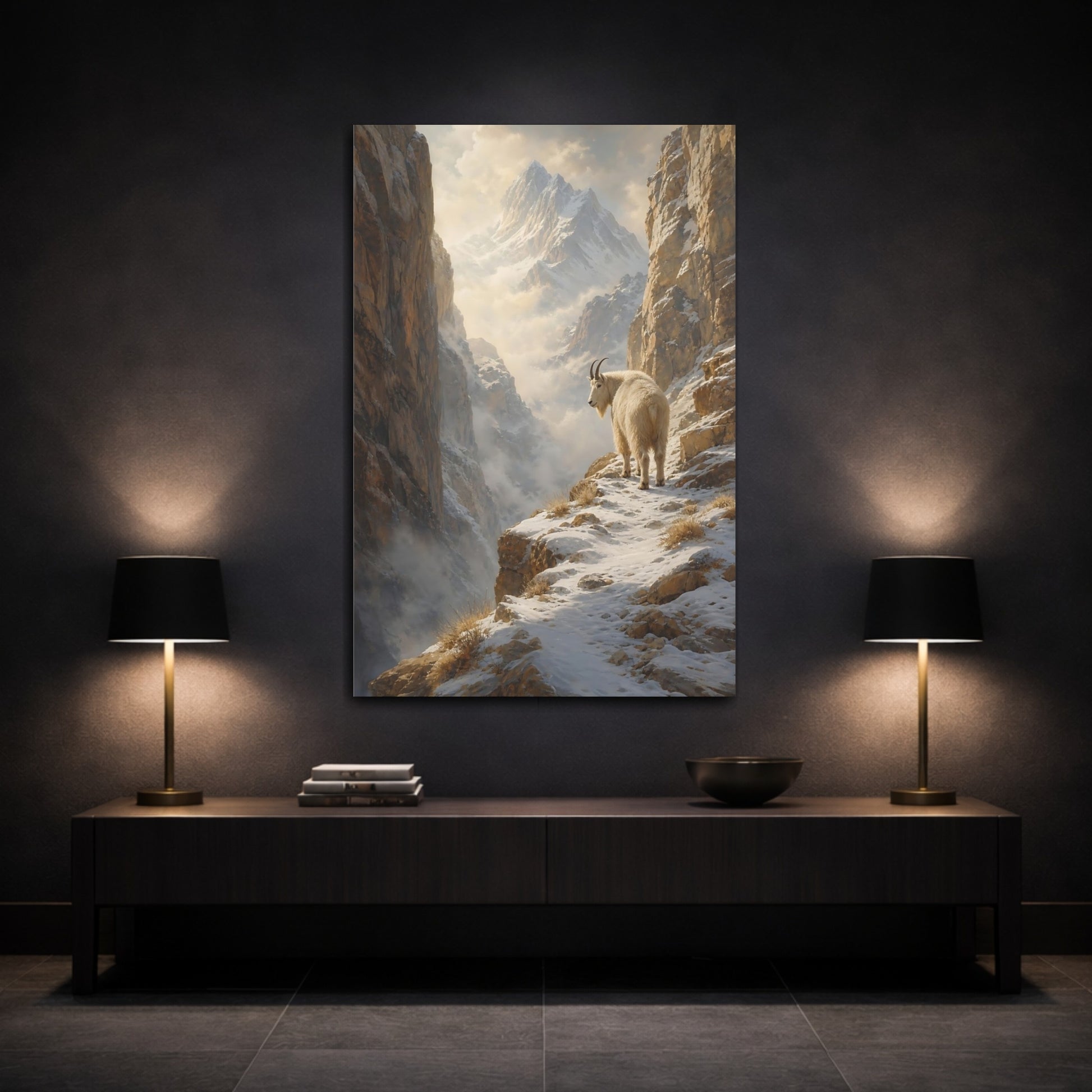 Mockup 3. Nature Mountain Goat Snowy Mountain Goat shown as stretched canvas wall art