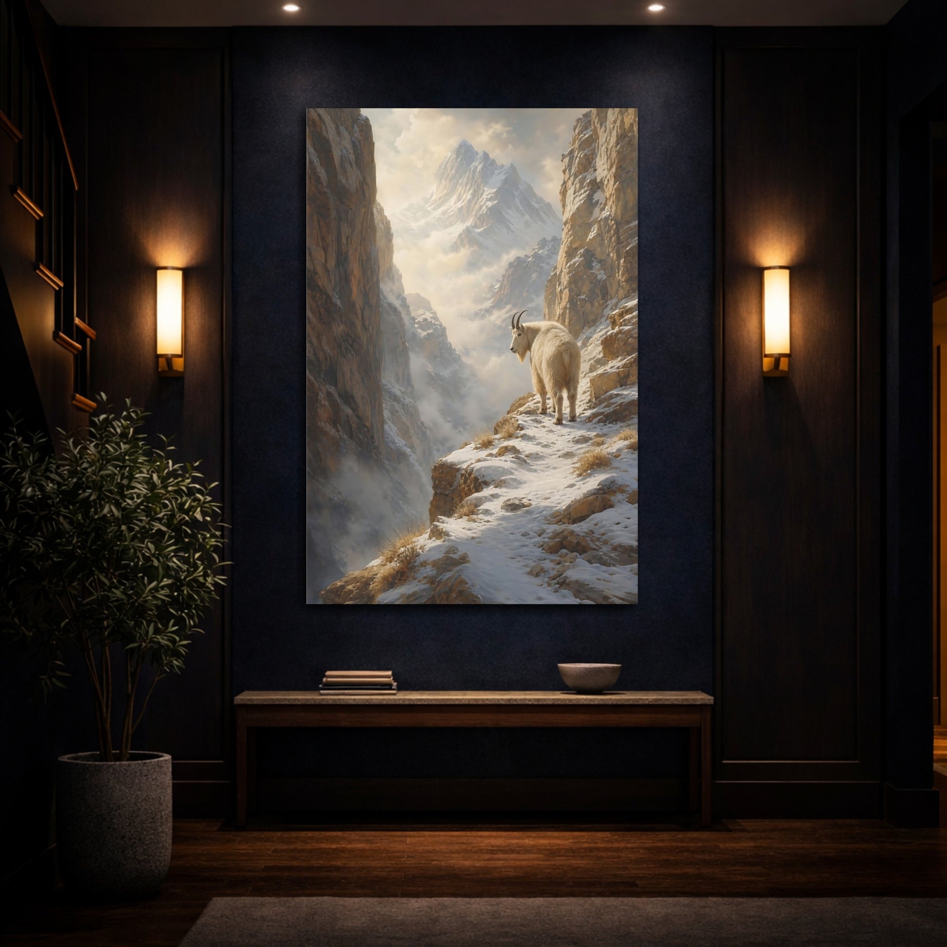 Mockup 4. Nature Mountain Goat Snowy Mountain Goat shown as stretched canvas wall art
