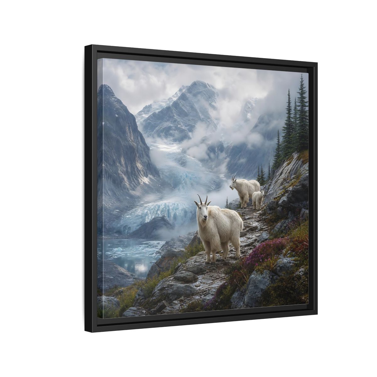 Side Mockup 12. Nature Mountain Goats Mountain Goats Glacier shown as stretched canvas wall art