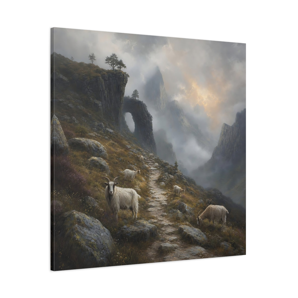Side Mockup 1. Nature Mountain Goats Misty Mountain Goats shown as stretched canvas wall art