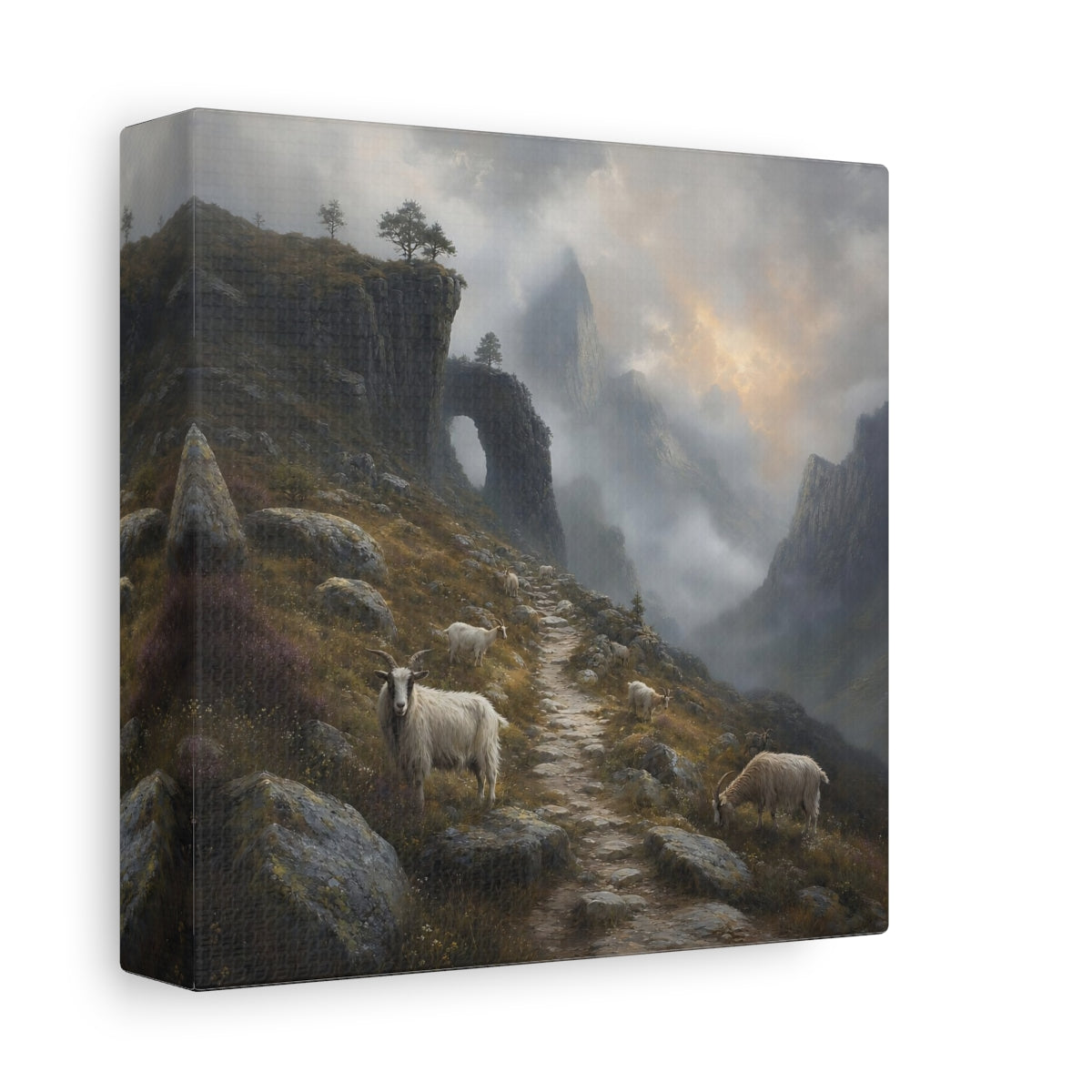Side Mockup 2. Nature Mountain Goats Misty Mountain Goats shown as stretched canvas wall art