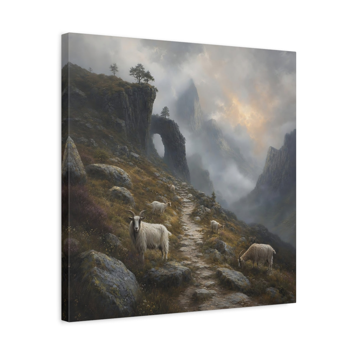 Side Mockup 5. Nature Mountain Goats Misty Mountain Goats shown as stretched canvas wall art