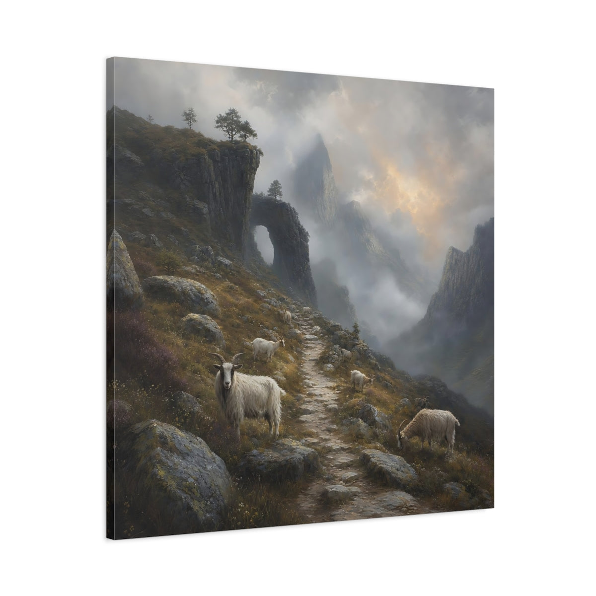 Main Mockup. Nature Mountain Goats Misty Mountain Goats shown as stretched canvas wall art
