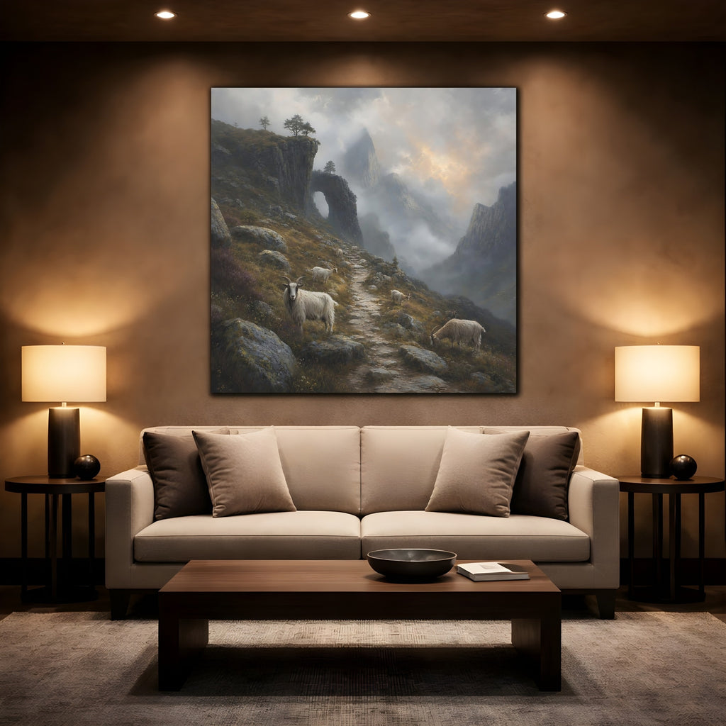 Mockup 2. Nature Mountain Goats Misty Mountain Goats shown as stretched canvas wall art