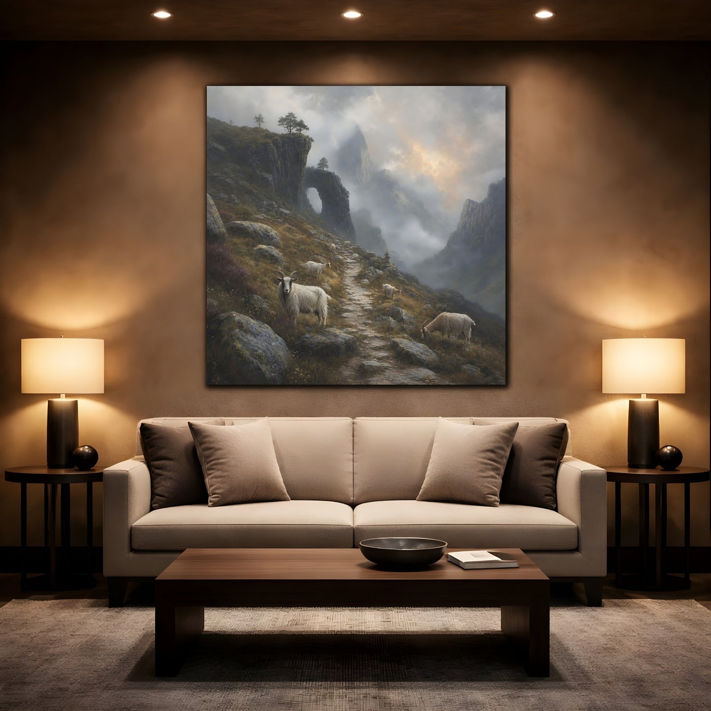 Mockup 2. Nature Mountain Goats Misty Mountain Goats shown as stretched canvas wall art