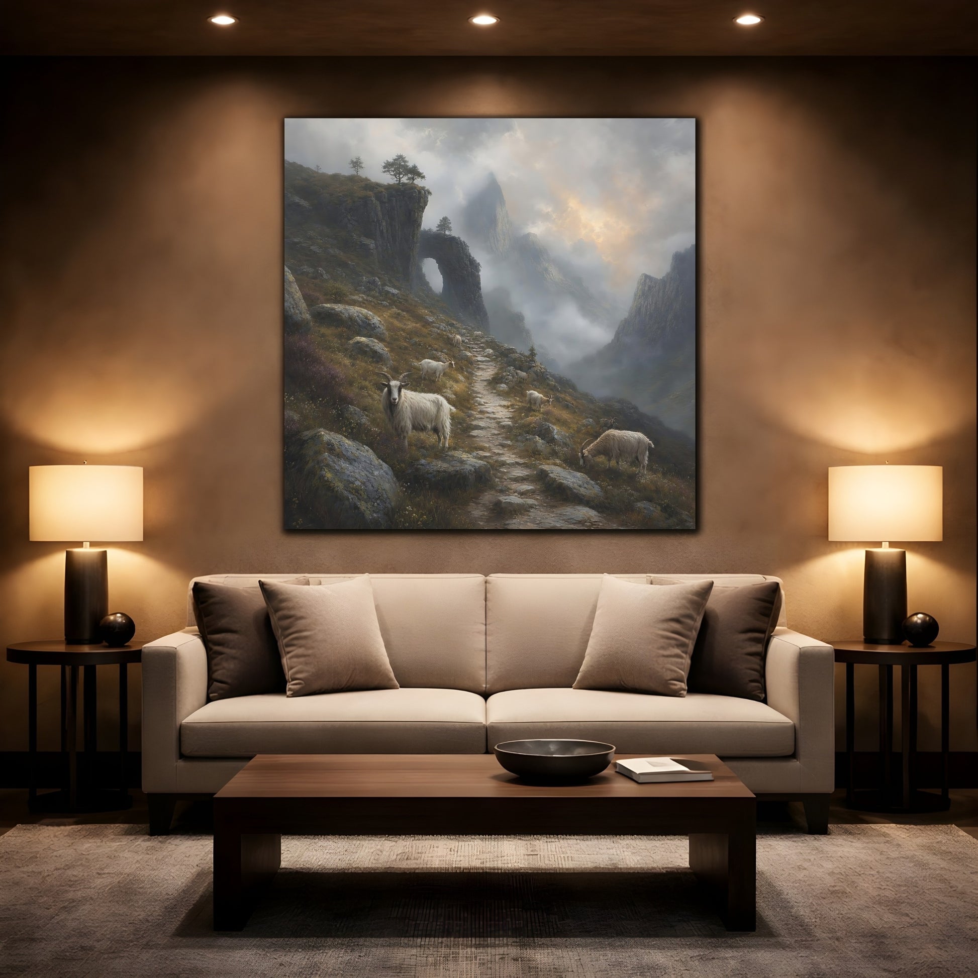 Mockup 2. Nature Mountain Goats Misty Mountain Goats shown as stretched canvas wall art
