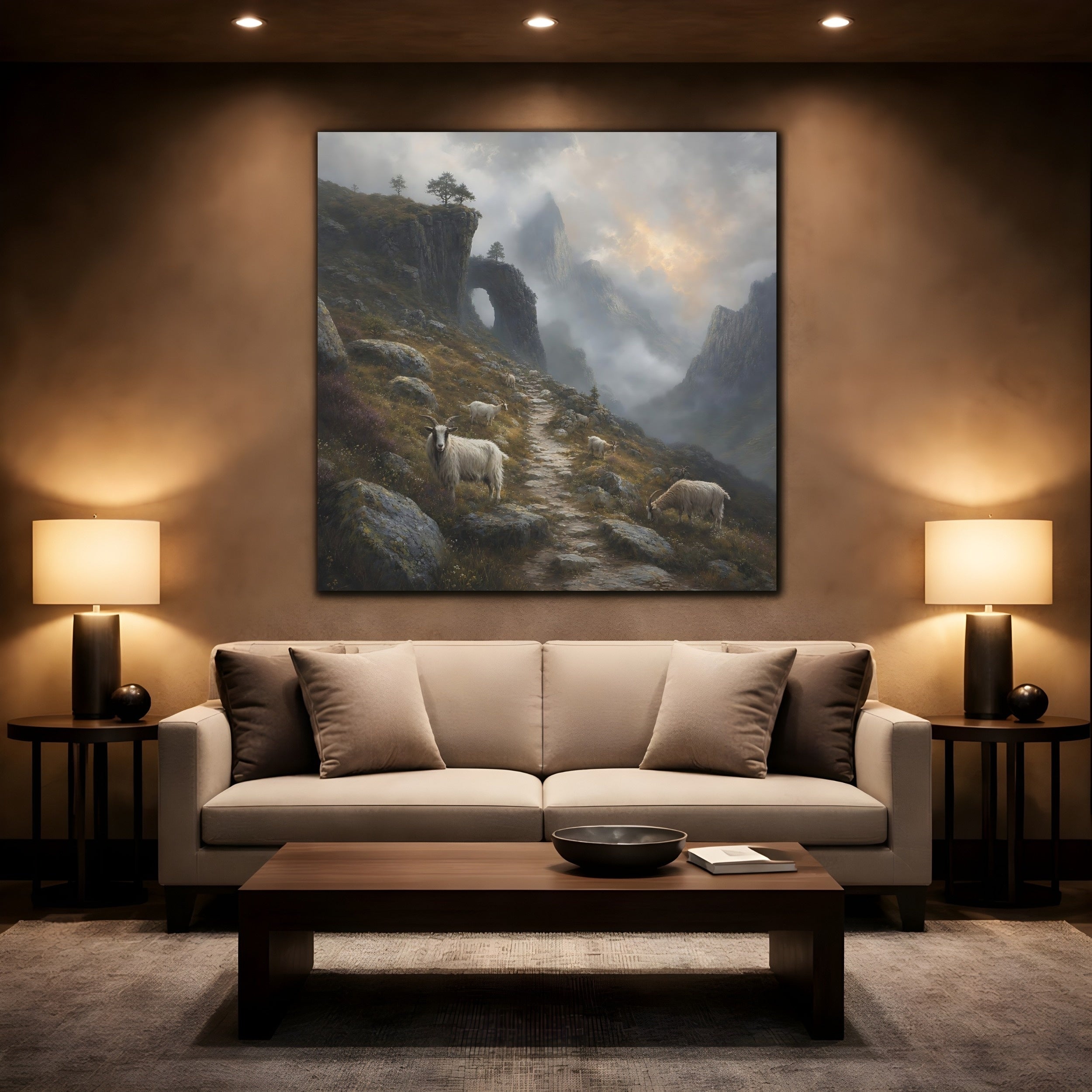 Mockup 2. Nature Mountain Goats Misty Mountain Goats shown as stretched canvas wall art