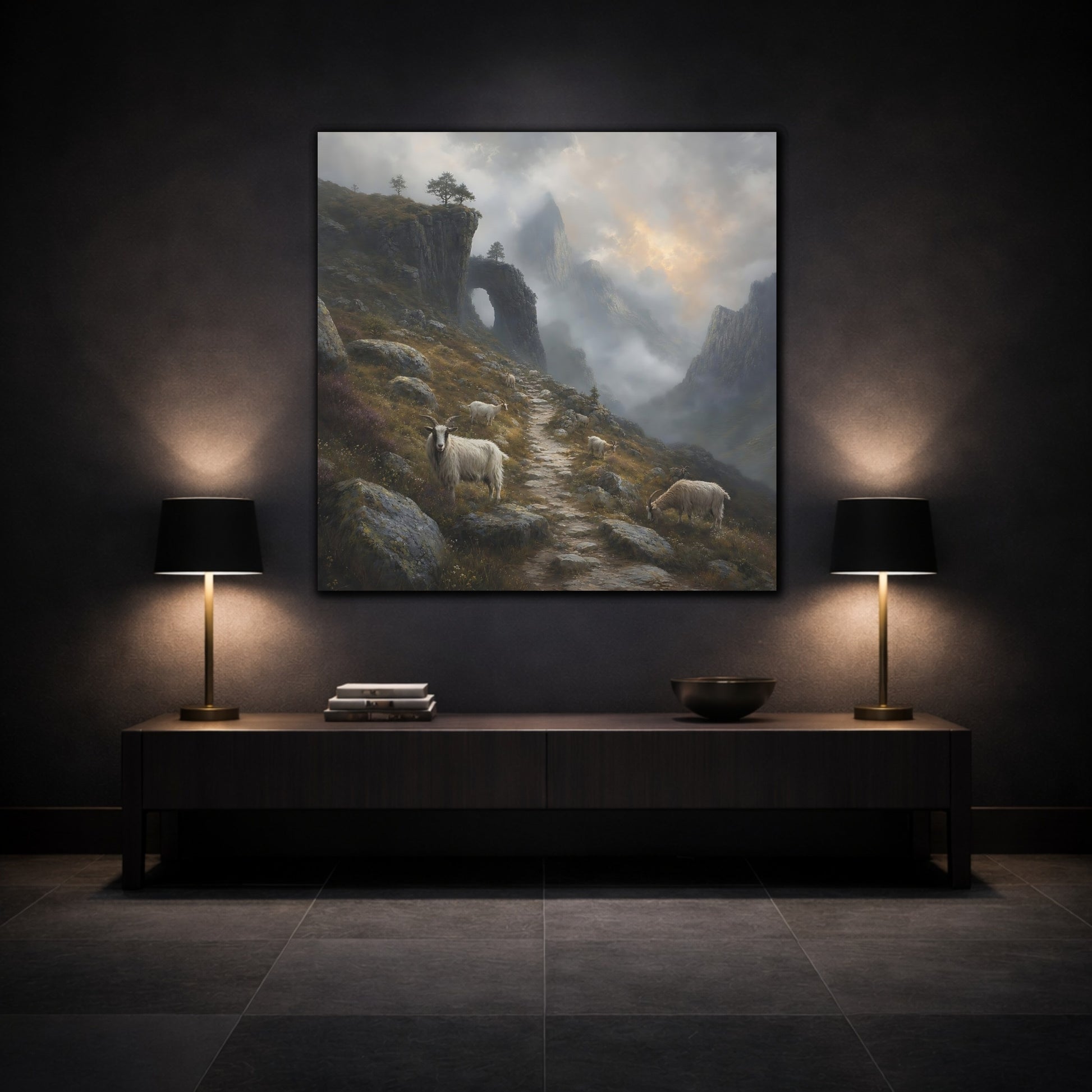 Mockup 3. Nature Mountain Goats Misty Mountain Goats shown as stretched canvas wall art
