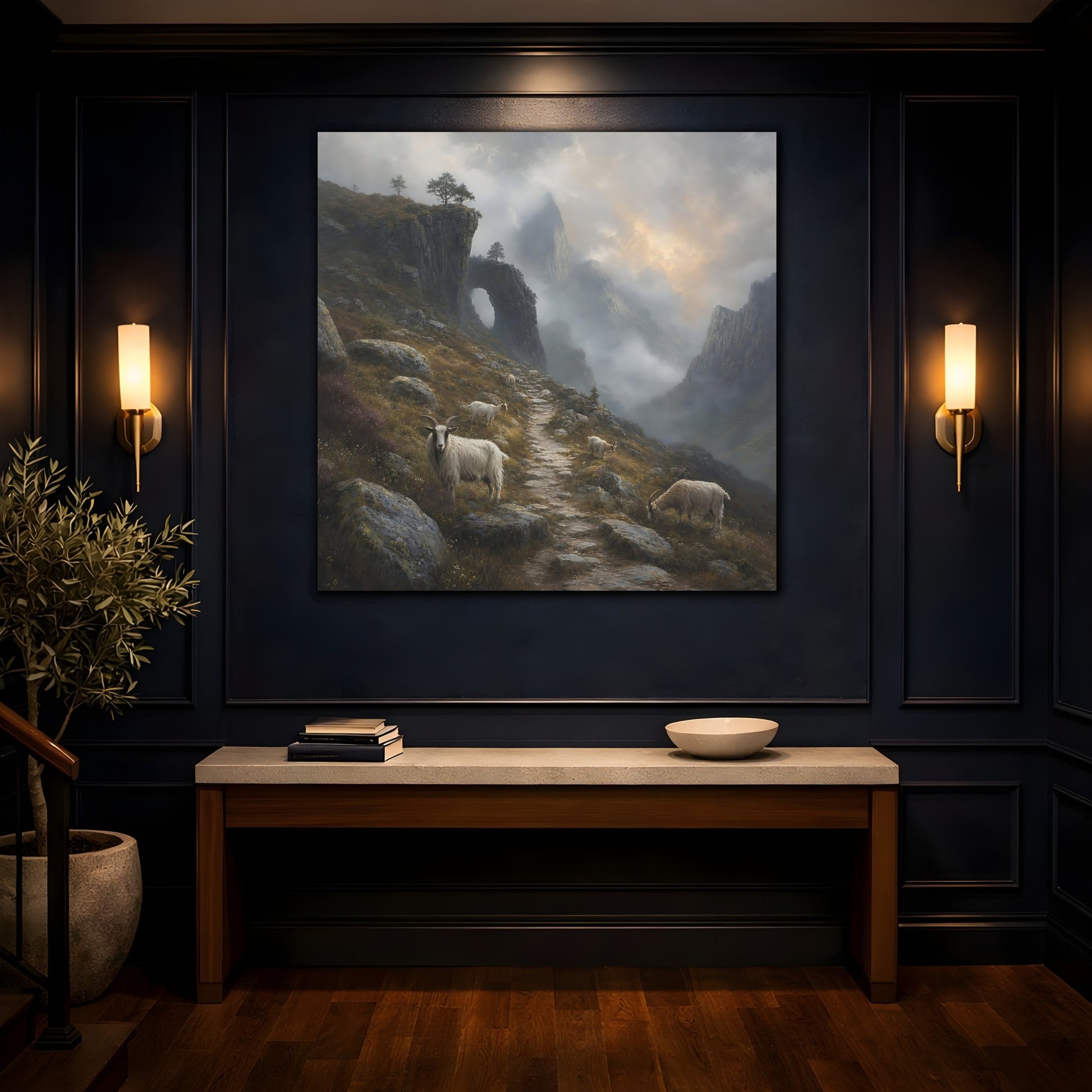 Mockup 4. Nature Mountain Goats Misty Mountain Goats shown as stretched canvas wall art