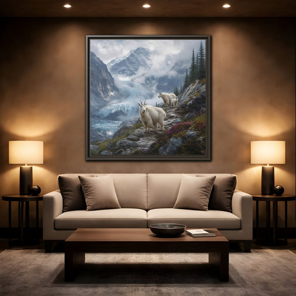 Mockup 2. Nature Mountain Goats Mountain Goats Glacier shown as stretched canvas wall art