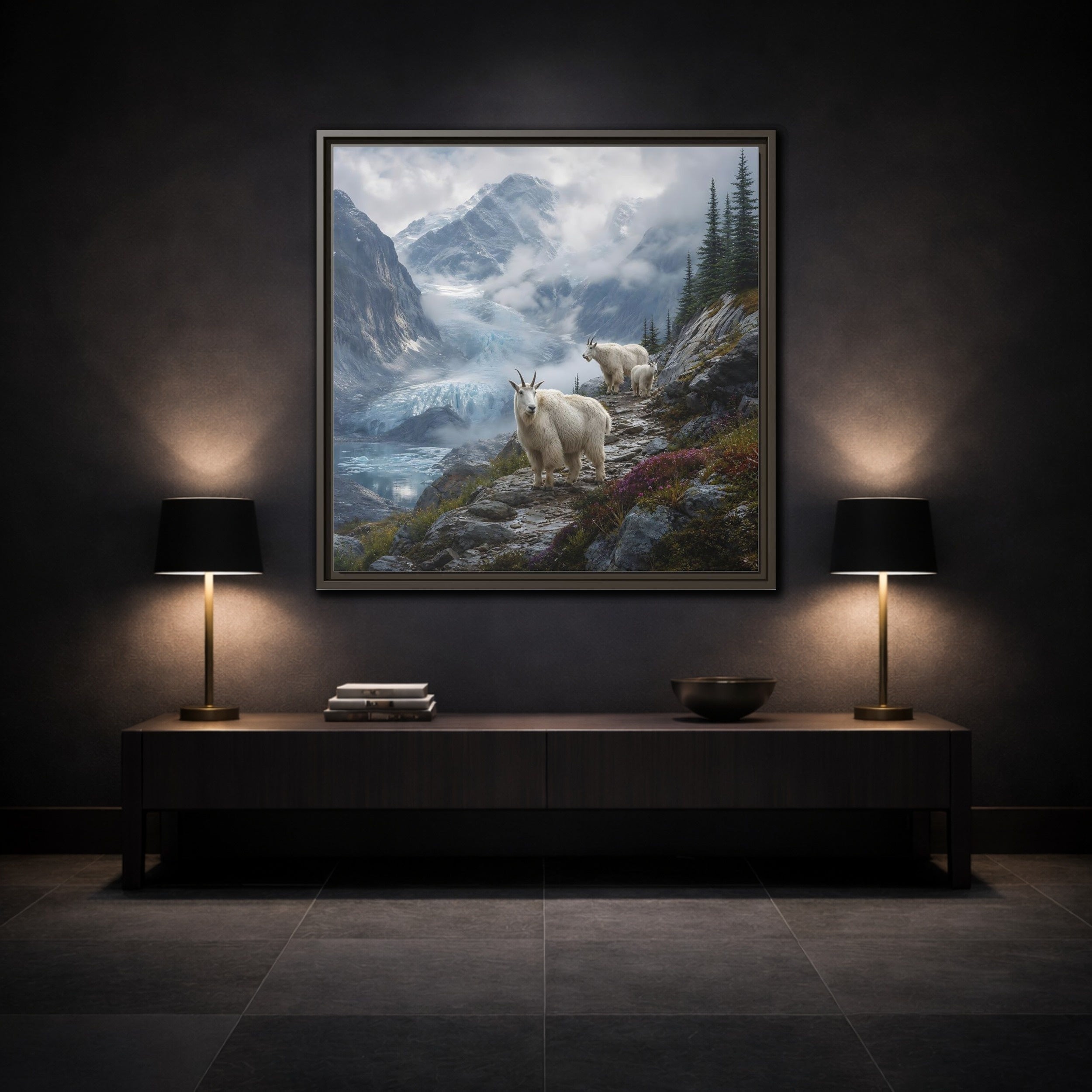 Mockup 3. Nature Mountain Goats Mountain Goats Glacier shown as stretched canvas wall art