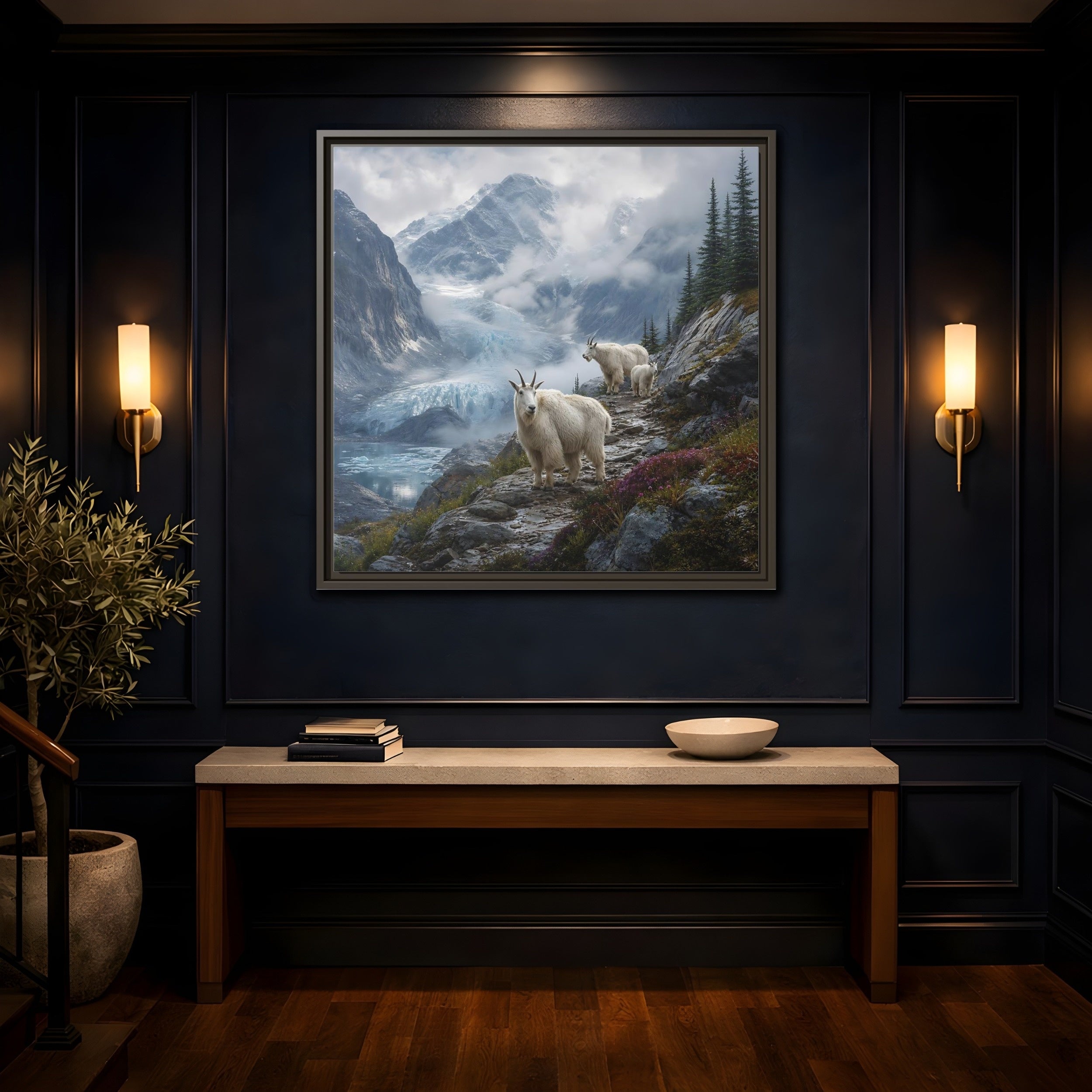 Mockup 4. Nature Mountain Goats Mountain Goats Glacier shown as stretched canvas wall art