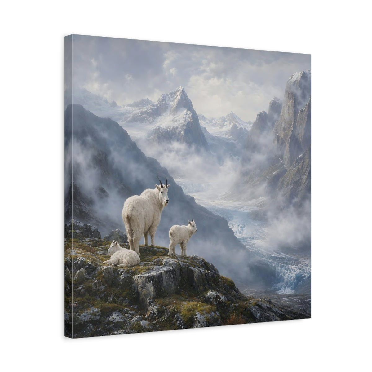 Side Mockup 5. Nature Mountain Goats White Mountain Goats shown as stretched canvas wall art