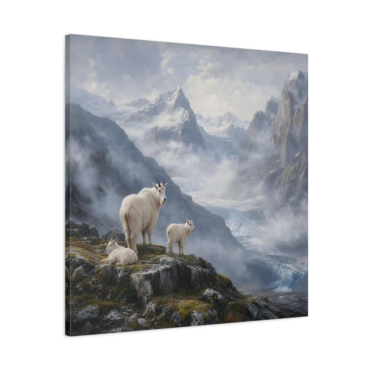 Side Mockup 3. Nature Mountain Goats White Mountain Goats shown as stretched canvas wall art