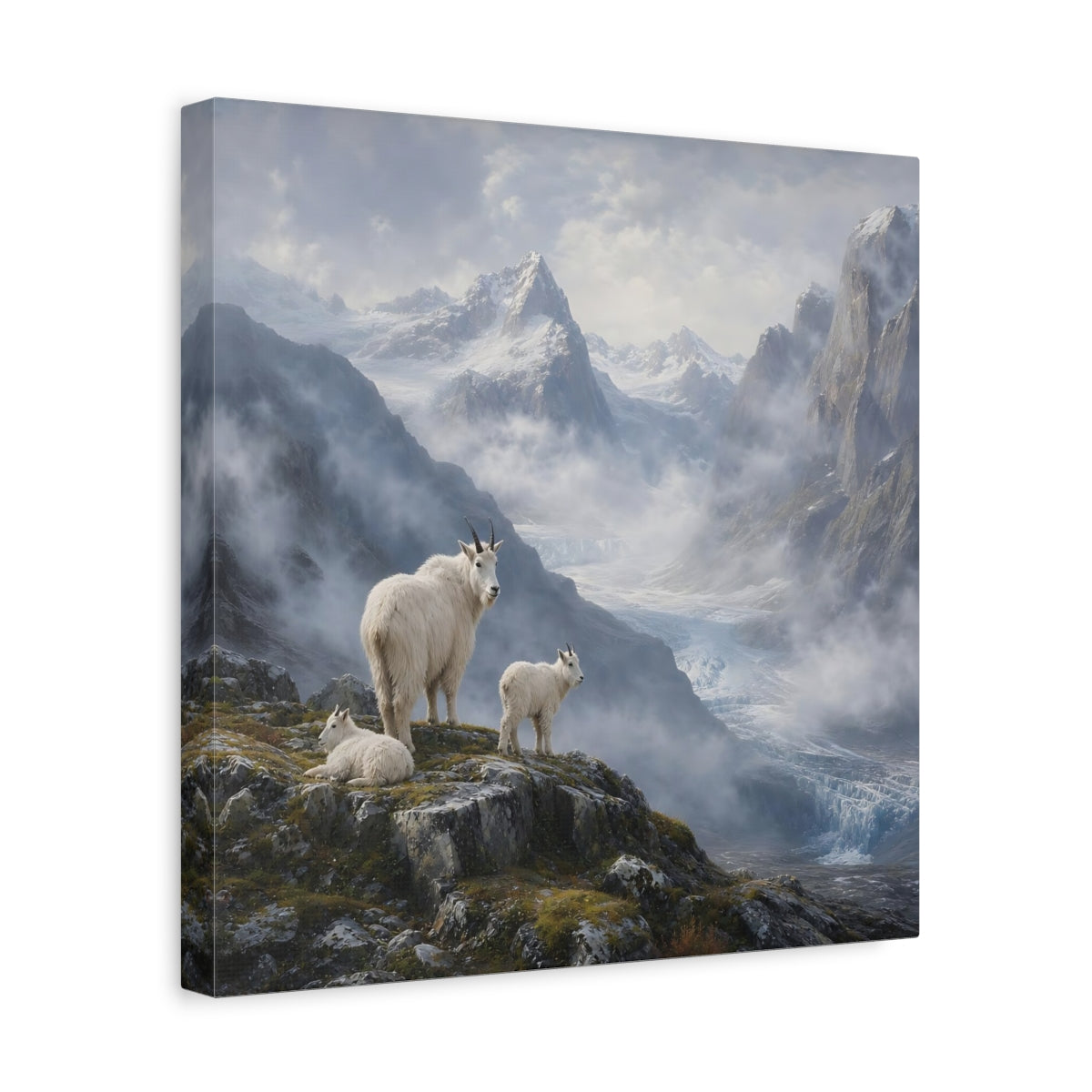 Side Mockup 7. Nature Mountain Goats White Mountain Goats shown as stretched canvas wall art