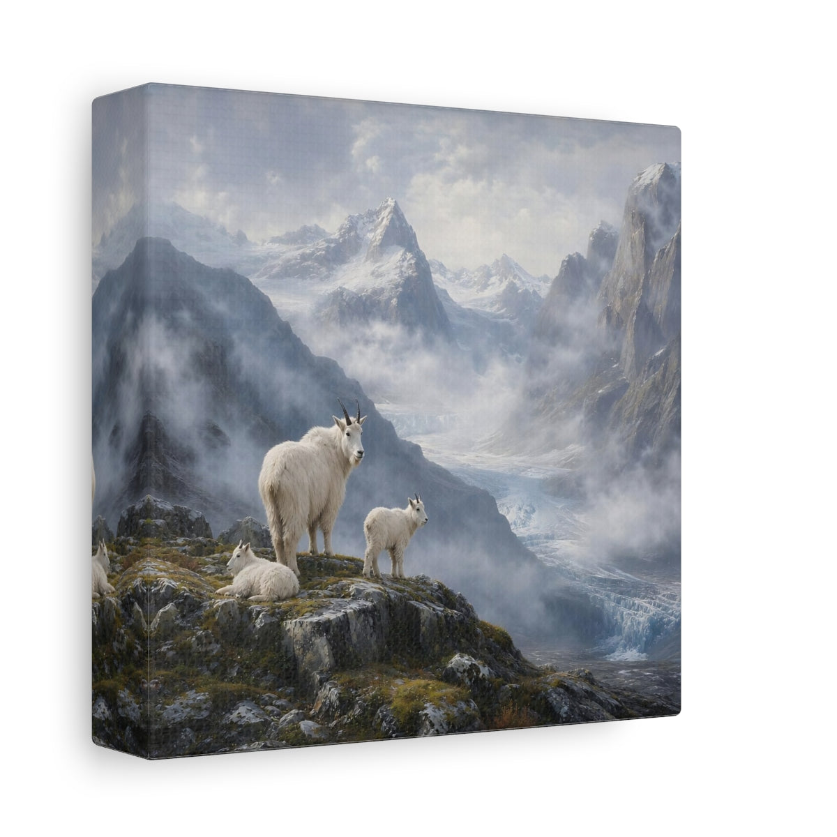 Side Mockup 2. Nature Mountain Goats White Mountain Goats shown as stretched canvas wall art