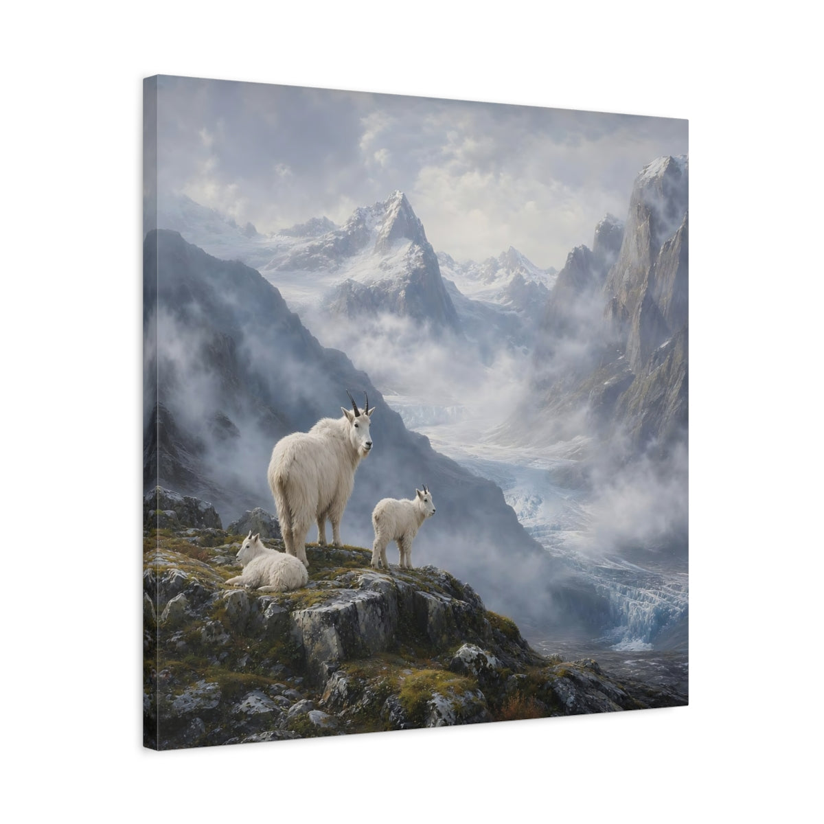 Side Mockup 4. Nature Mountain Goats White Mountain Goats shown as stretched canvas wall art
